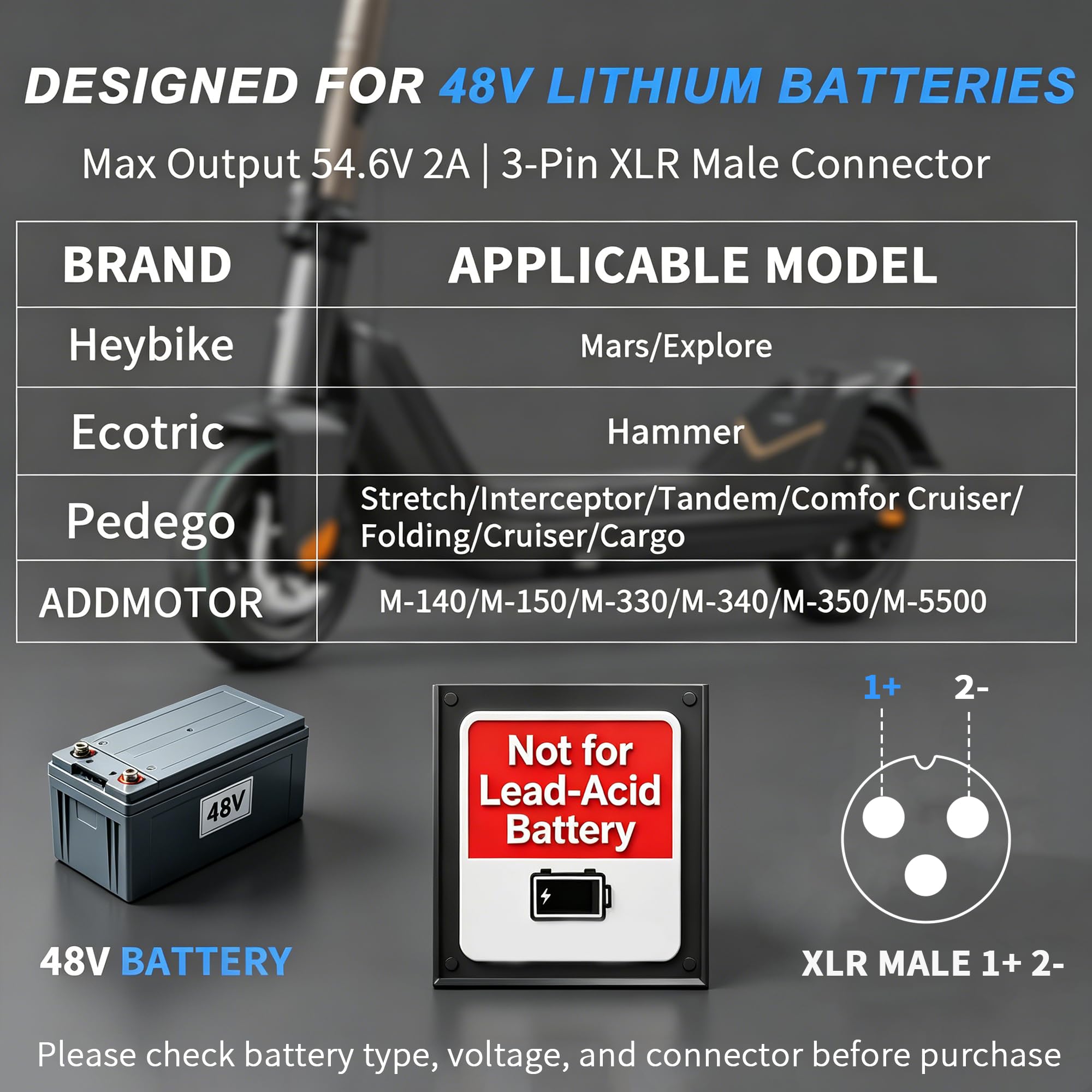 Chargeur 54,6V 2A pour Batterie Lithium 48V de vélo électrique | Affichage tension en temps réel, ventilateur intelligent, protections multiples, connecteur XLR 18mm