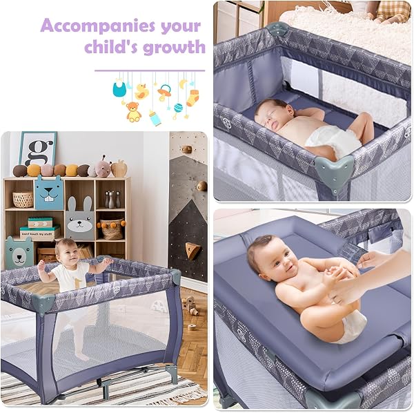 Maxmass 3 in 1 Baby Travel Cot, Foldable Bedside Crib with Changing Table, Hanging Toys, Wheel, Carry Bag, Infants Nursery Center Baby Cot Bed for 0-36 Months (Gray) - 2
