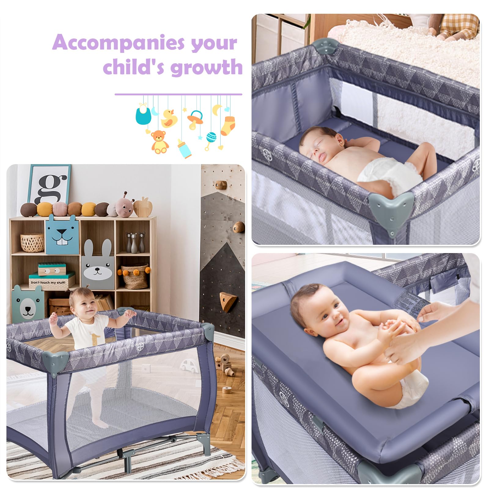 Maxmass 3 in 1 Baby Travel Cot, Foldable Bedside Crib with Changing Table, Hanging Toys, Wheel, Carry Bag, Infants Nursery Center Baby Cot Bed for 0-36 Months (Gray) — view 2