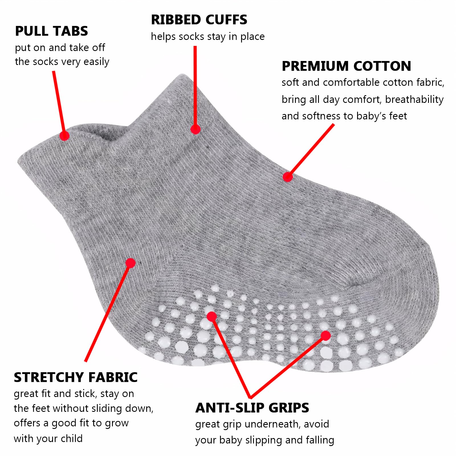 DRASEX Baby Toddler Non Slip Grip Socks 6 Pairs Cotton Ankle Socks with Anti Skid Soles for Infants Kids Boys Girls