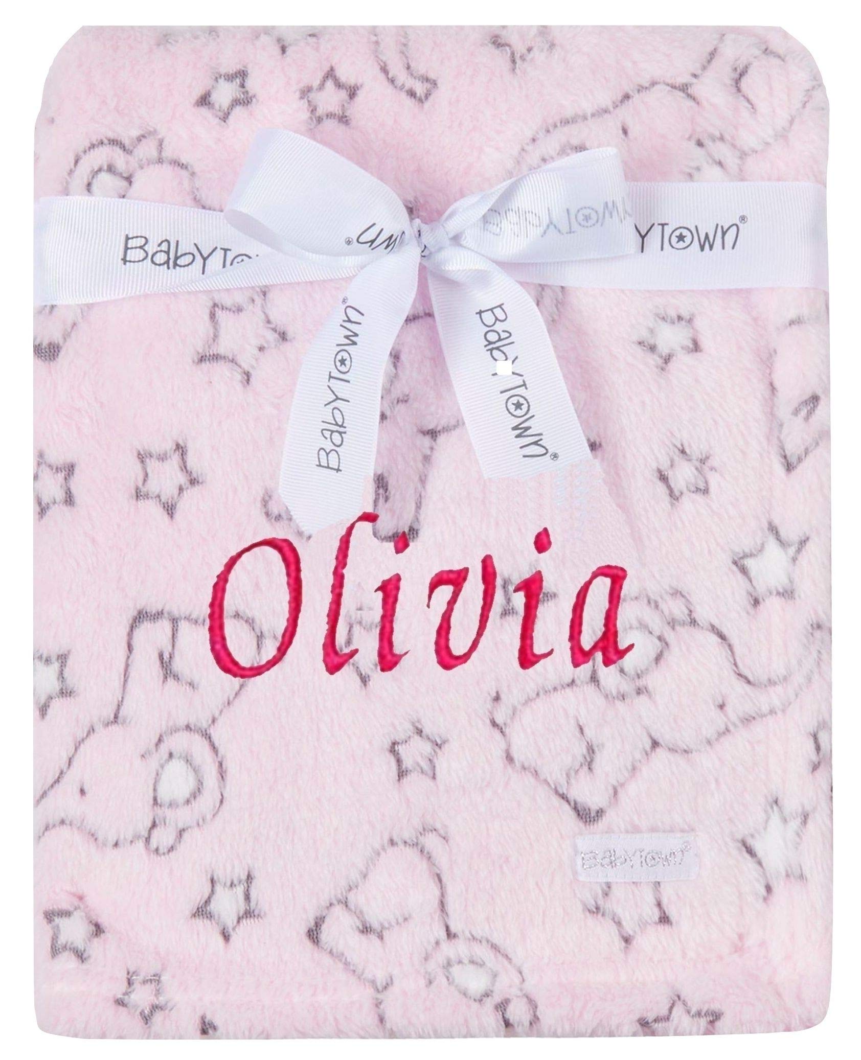 Baby Boy Girl Personalised Blanket Embroidered Name Various Designs Elephant (Pink Elephant Star Blanket)