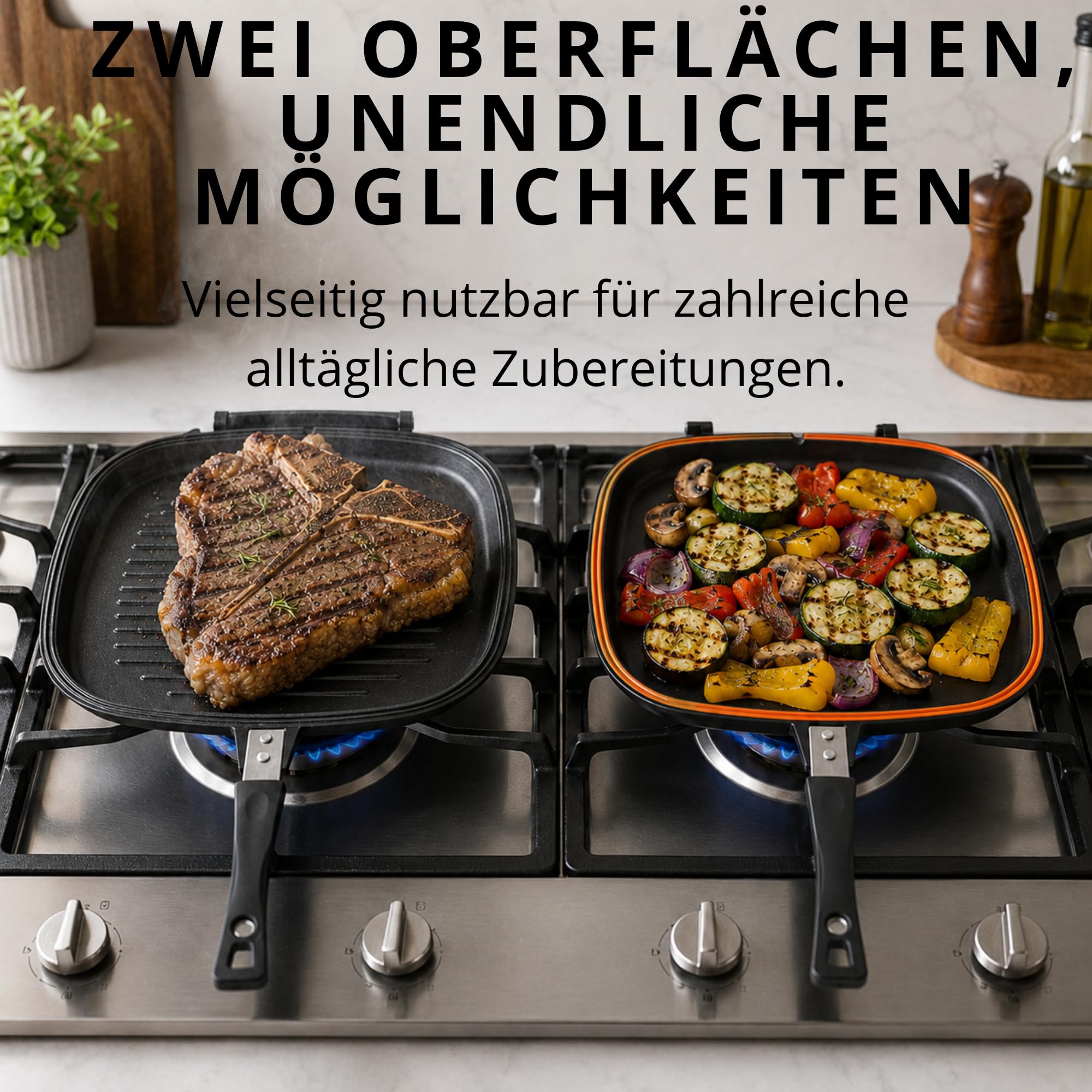 Stone&Stone Doppelseitige Grillpfannen 32 cm, steinbeschichtete Antihaftpfannen Deutsche Qualität Greblon C3+, verwendet von MICHELIN-Sternerestaurants | Deutsche Antihaftbeschichtung
