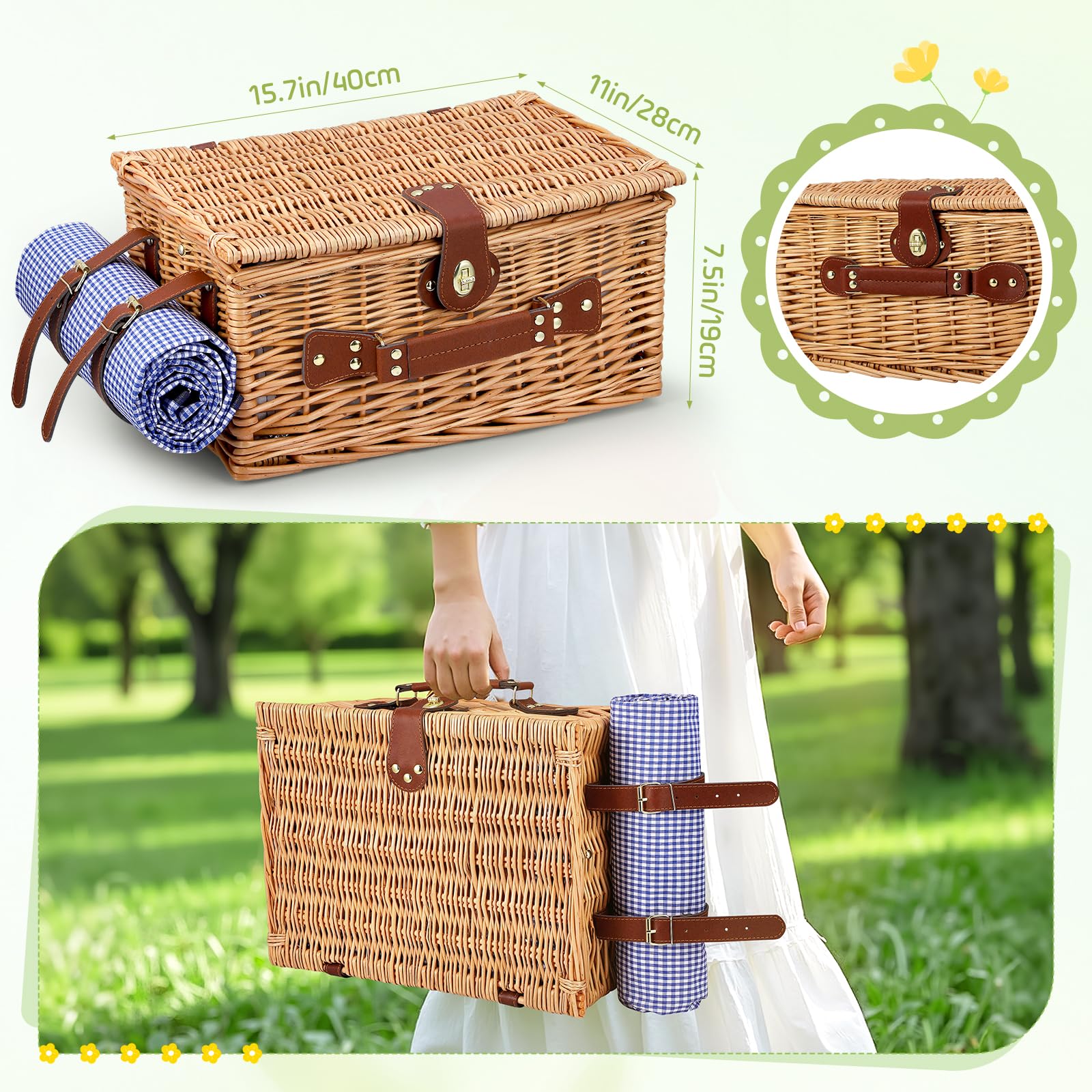 Cesta de Picnic Mimbre para 4 Personas, Cesta Trenzada a Mano con Aislamiento Integrado y Manta Impermeable – Set Completo con 4 Cubiertos, Platos, Vasos para Camping Playa jardín