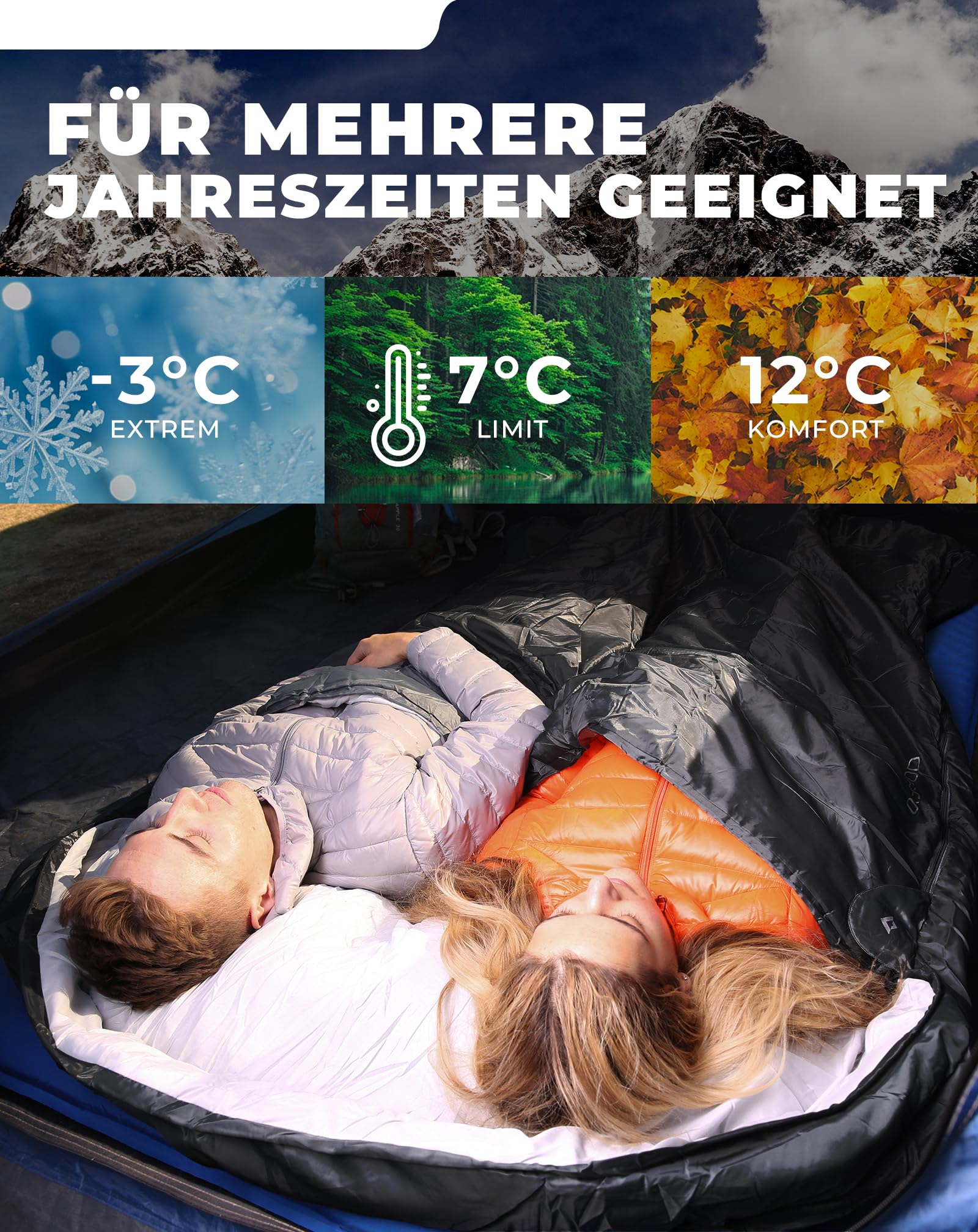 KingCamp Deckenschlafsack,Doppelschlafsack,220x150cm mit 2 Kissen,Schlafsack für 2 Personen,12℃ bis -3℃ für Familien, Camping und RV-Reisen