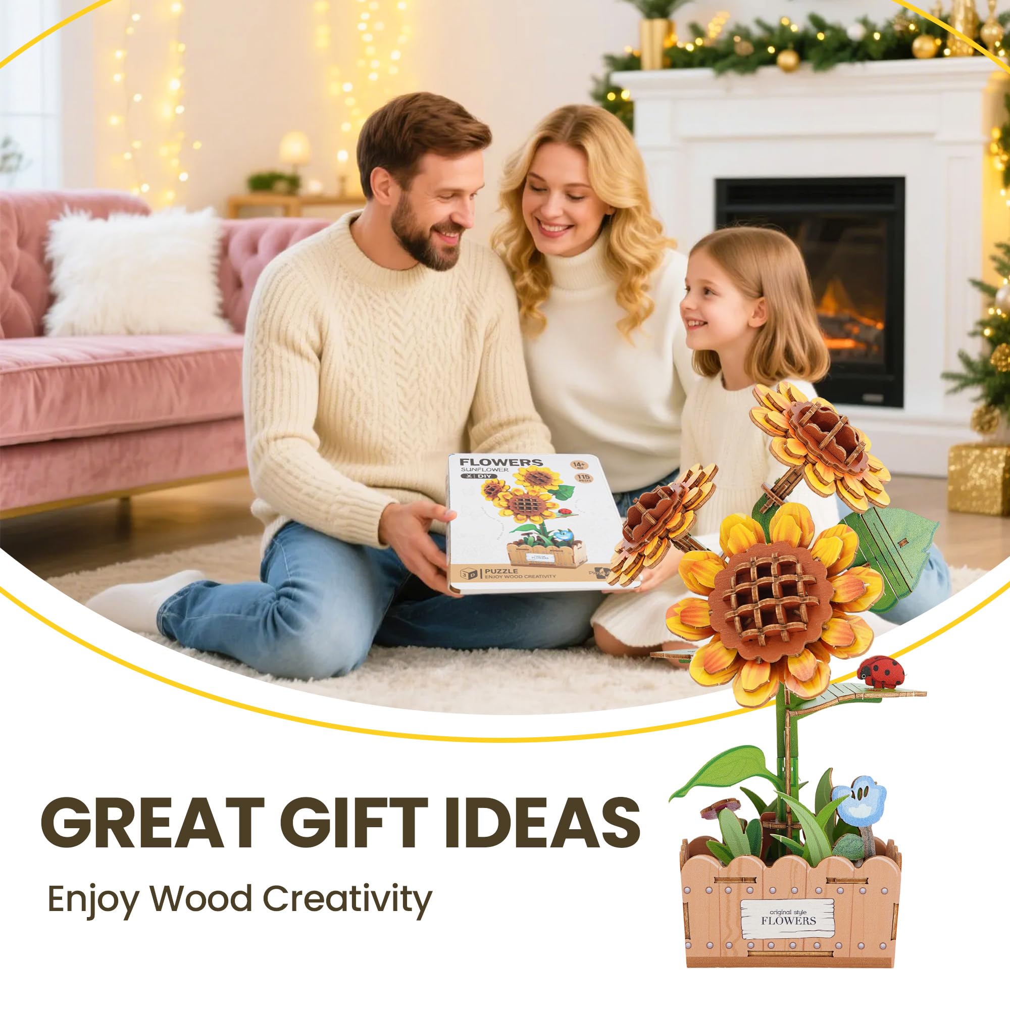 Kit di puzzle 3D - Fiore in legno fai da te - Kit di modellizzazione per fiori artificiali da assemblare - Per adulti - Migliore decorazione della casa e regalo di San Valentino - Girasole