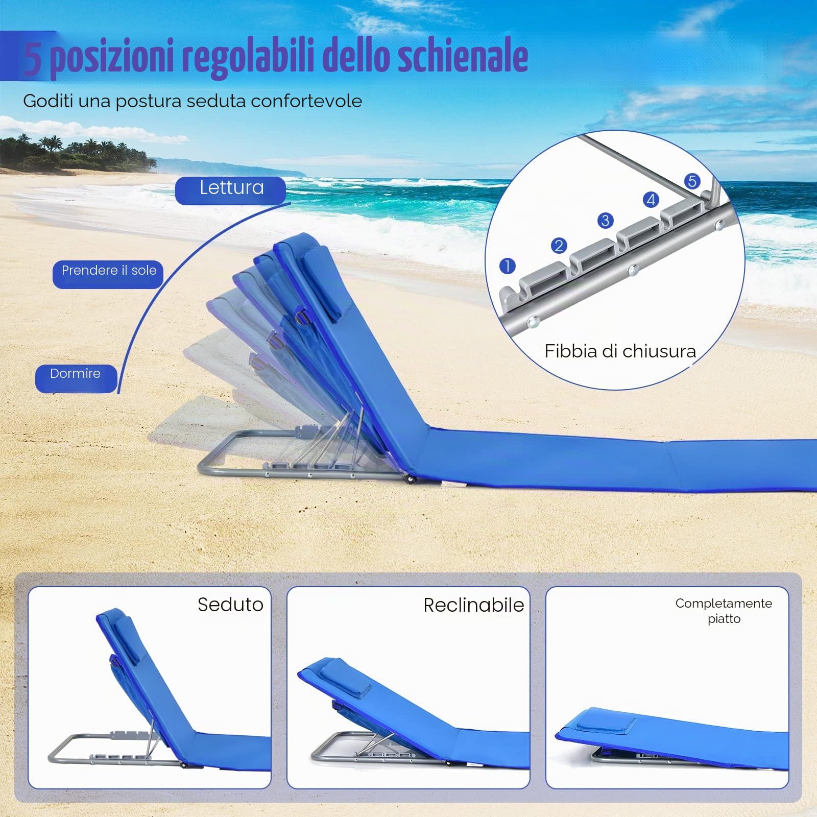 GIANTEX Set di 2 Materassi da Spiaggia Pieghevoli e Tavolino, Sedie a Sdraio da Spiaggia Regolabili in 5 Posizioni con Poggiatesta Rimovibile, Tasca per Giardino, Campeggio (Blu)