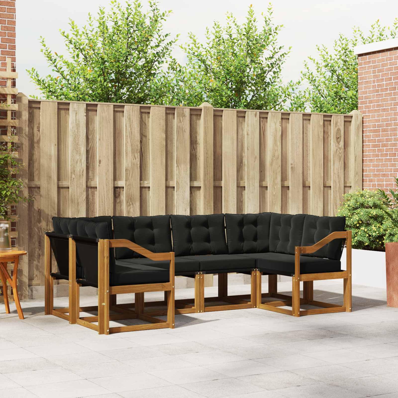 Conjunto de sofás de Exterior 6 Piezas Madera Maciza de Acacia y textileno con Cojines Desmontables Natural y Negro para jardín terraza Patio con Respaldo cómodo y diseño Resistente fácil de