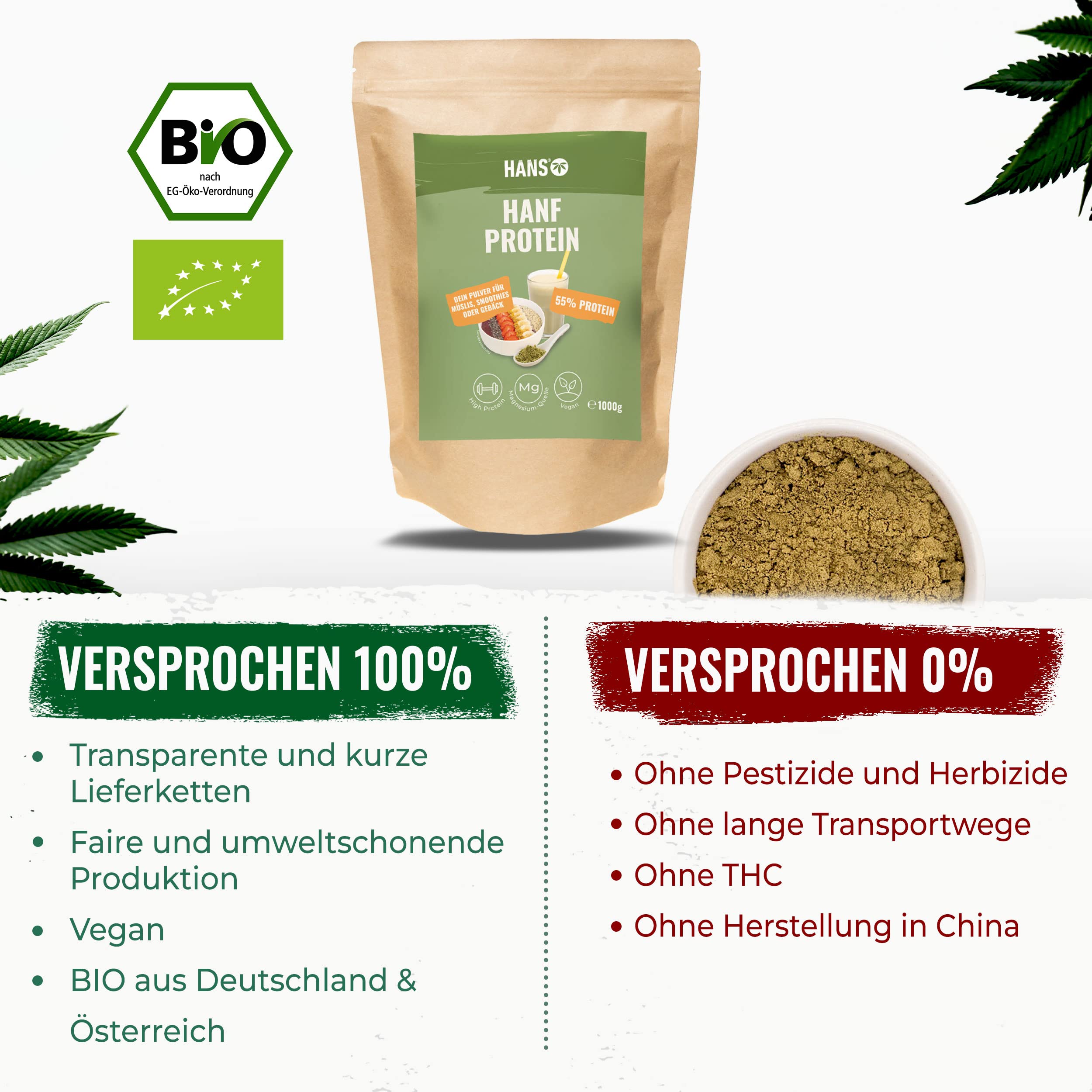 Bio Hanfprotein Pulver 1000g I 55% Eiweiß | Proteinpulver aus Deutschland | Pflanzliches Hanfpulver ohne Zusatzstoffe | Superfood Eiweißpulver mit essenziellen Aminosäuren | Vegan I HANS Brainfood