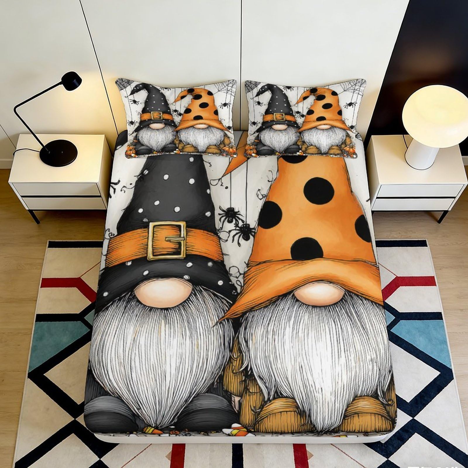 3D Printed Halloween Gnome Fitted Sheet Microfiber Soft Decorative Pumpkin Bed Cover for Bedroom Dorm Easy Care 90x200x25cm