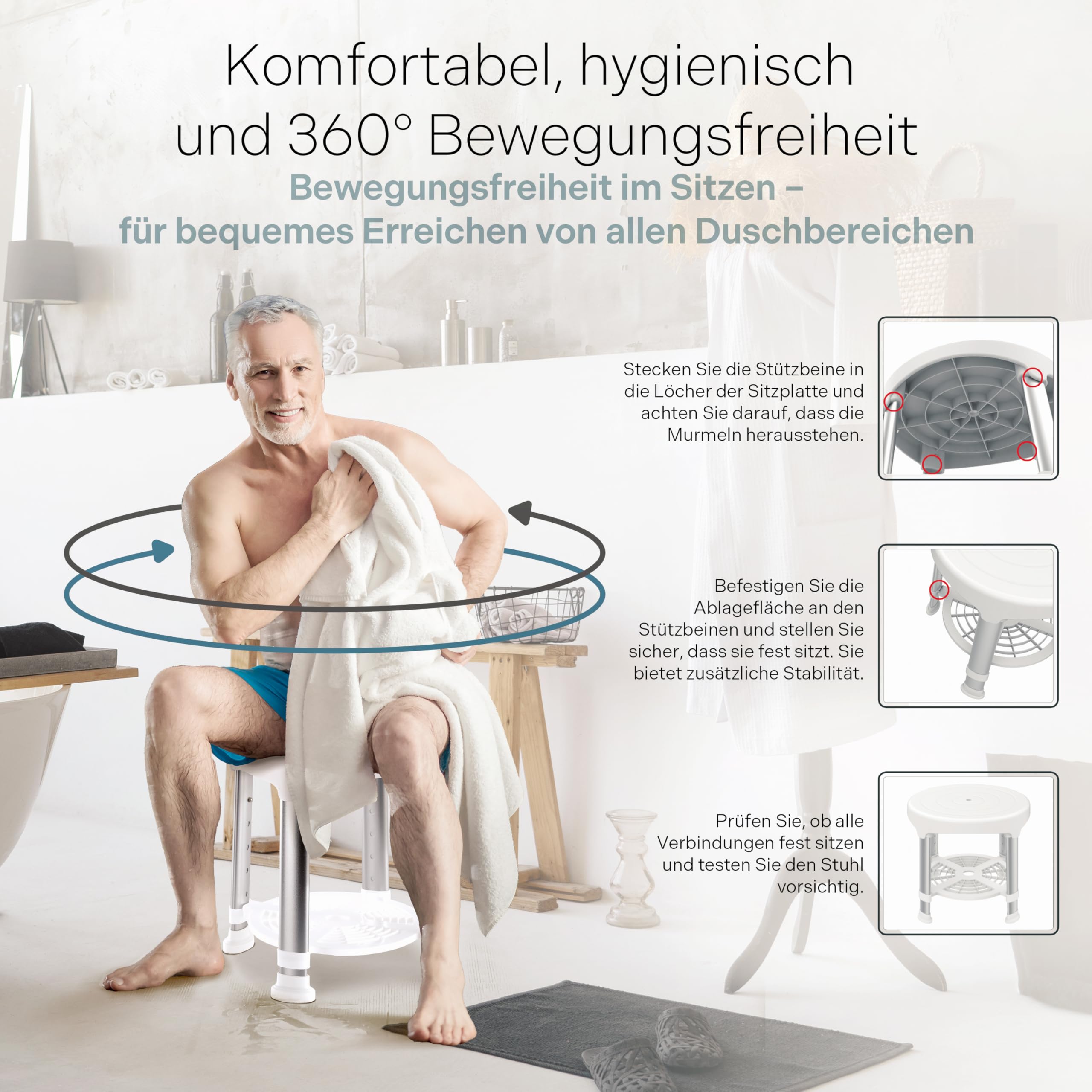 Duschhocker für Senioren & Erwachsene | Höhenverstellbar | Leichter Badhocker rutschfeste Gummifüße Duschstuhl bis 130KG Belastbar | Duschhilfe