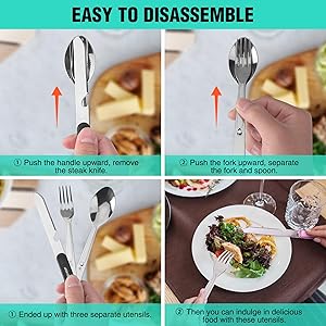 HAUSHOF 2-Pack 4-in-1 Camping Utensils, Stainless Steel Camping Eating Utensils with Carrying Bag, Detachable Spoon, Fork, Knife, Bottle Opener - Travel Utensil Set for Hiking, Picnic, Barbecue