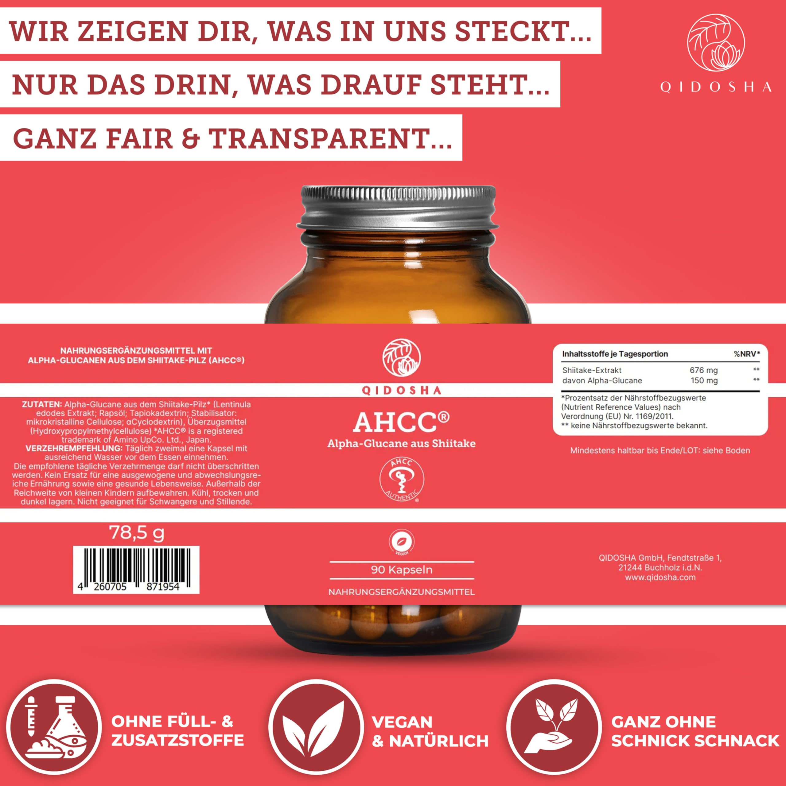 QIDOSHA® AHCC Kapseln, 90 Stk im Apothekerglas, 676 mg Shiitake-Extrakt je Tagesportion, davon 150mg Alpha-Glucane, deutsche Fertigung, jede Charge laborgeprüft