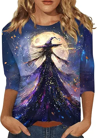 Halloween Shirts for Women 3/4 Sleeve Plus Size Crewneck Loose Fit Cute T Shirt Halloween Costumes for Women 2025
