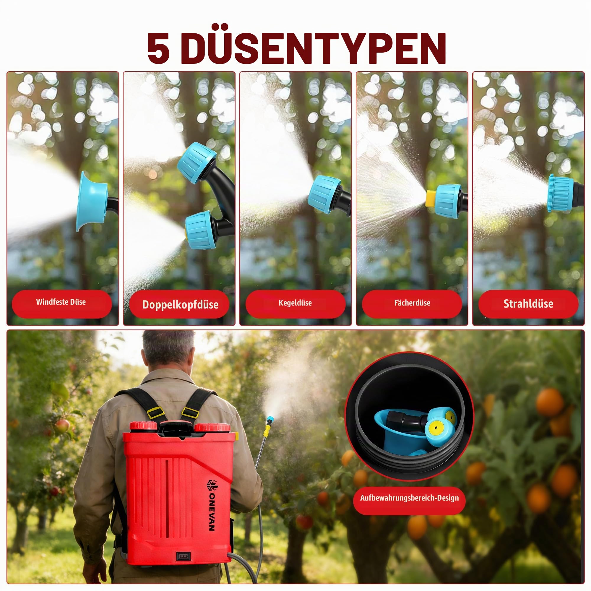 ONEVAN Akku Drucksprüher 20L Rührfunktion mit 2x3,0Ah Akkus & 5 Düsen | 100 PSI Druckregelung, 41" ausziehbare Teleskopstange, Für 20 Tanks, Garten, Integriertes Rührsystem für optimale Mischung