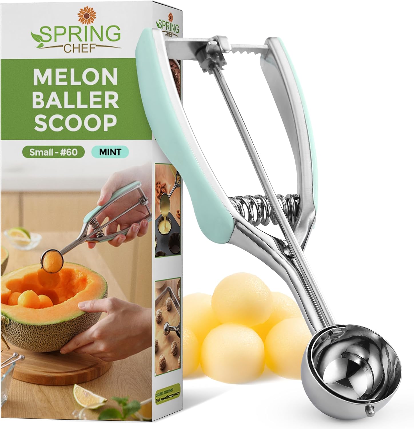 Spring Chef - Mint Small Cookie Scoop for Baking, Multifunctional #60 Melon Baller with Trigger Release for Watermelon, Ice Cream, Protein Ball, Stainless Steel Scooper, 1 Tbsp Cookie Dough Scoop