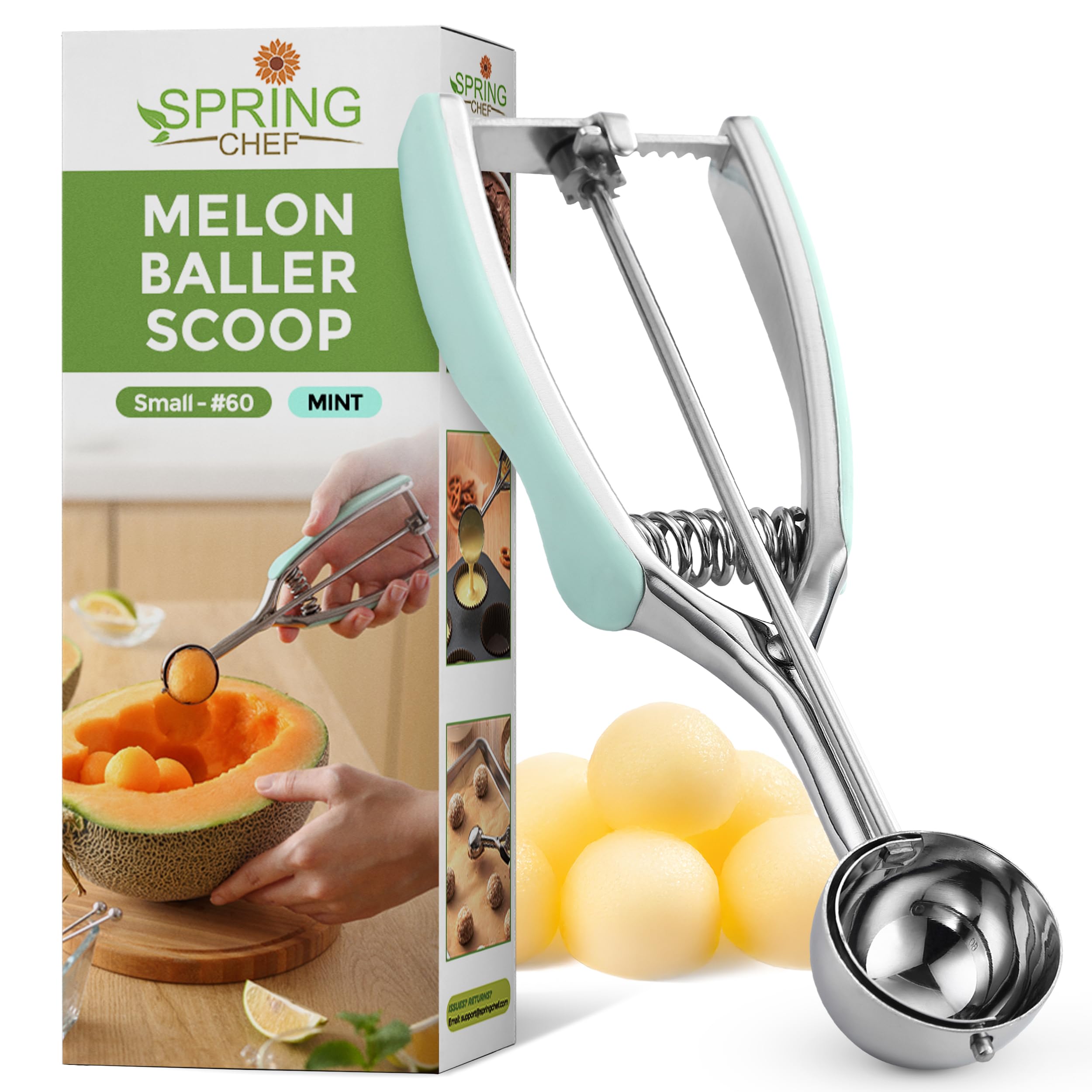 Spring Chef Small Stainless Steel Melon Baller Scoop, #60, 1 Tbsp, Mint