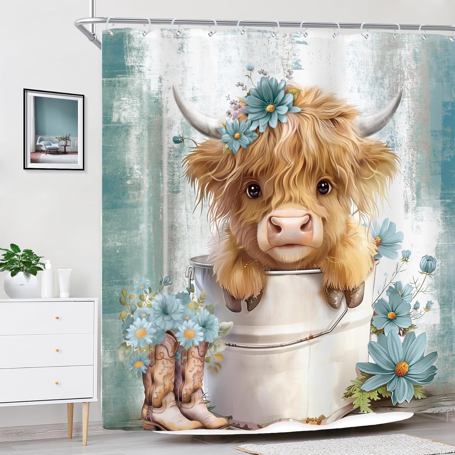 Riyidecor Funny Highland Cow Shower Curtain for Bathroom Decor 72Wx72H Teal Western Rustic Cute Farmhouse Bull Floral Country Flower Plant Art Printed Fabric Polyester Waterproof 12 Pack Plastic Hooks