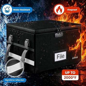 Fireproof File Box with Lock, Document Box with Handle and Zipper, Collapsible File Organiser for Home Office Fire Safe Storage Filing Box for A4 Suspension File Folder