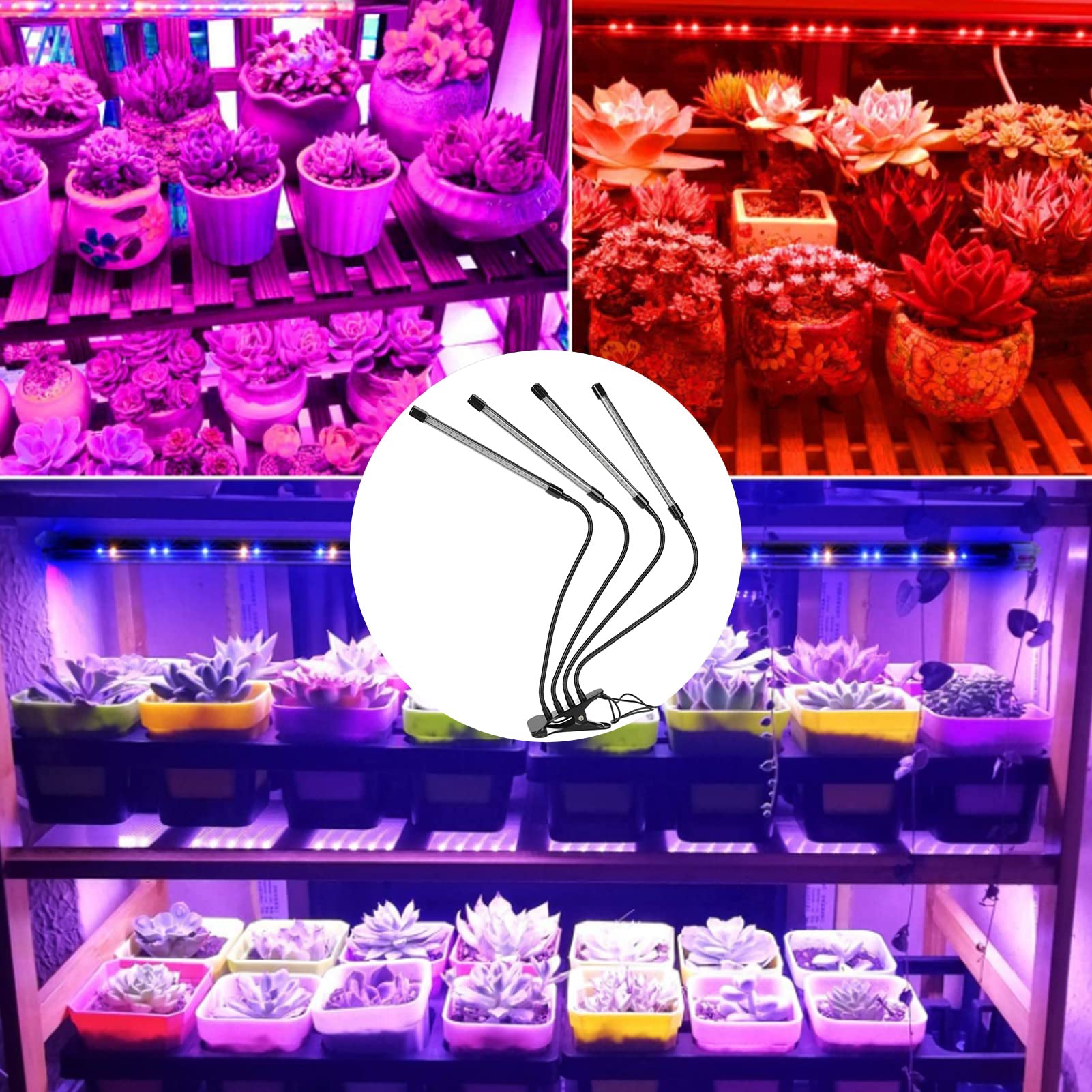 Plant Grow Light, 4 głowice Full Spectrum Growing Light 40W 3 ściemnialne poziomy Lampa LED do roślin z zaciskiem i zegarem do roślin domowych