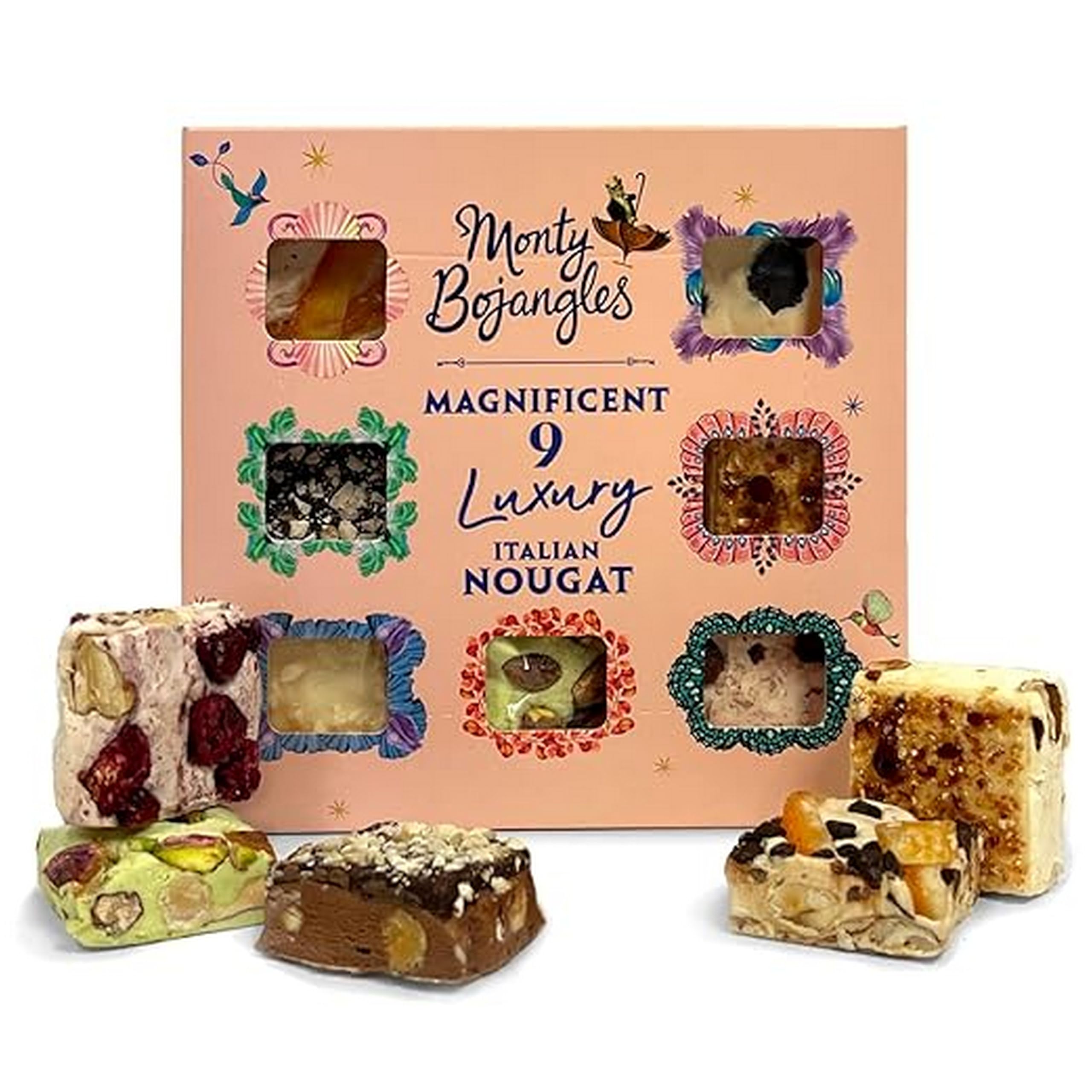 Monty Bojangles Magnificent Nougat Schokolade, 9 Stück, 135 g, 9 Sorten Luxuriöse Italienische Spezialitäten aus Nougat, 9 Geschmacksrichtungen, Auswahl Italienische Süßigkeiten