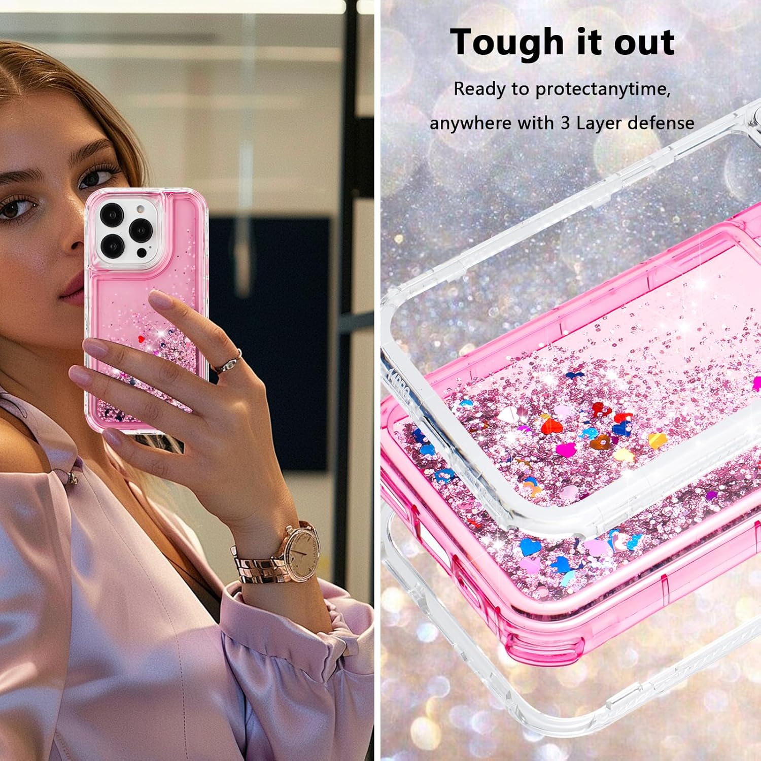 Tikoo Designed for iPhone 15 Pro Max Case Glitter for Women Girl Clear 3-in-1 Heavy Duty Protective Phone Cover with Floating Liquid Quicksand Bling Sparkly Cute Case for iPhone 15 Pro Max (Pink) - Image 6