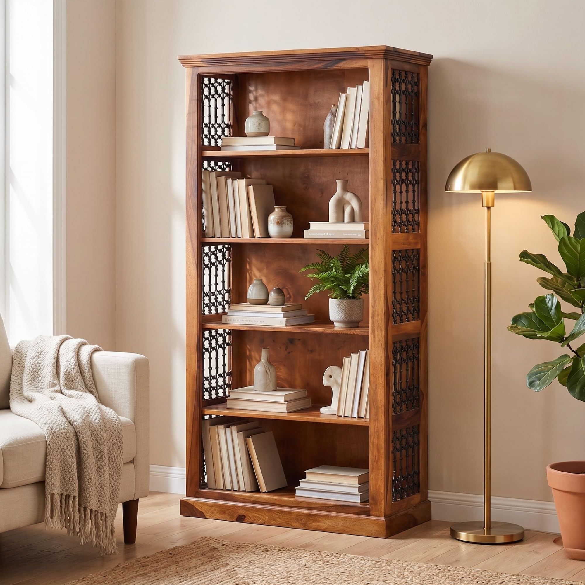 SONA ART & CRAFTS Solid Sheesham Wood Open Bookshelf Wooden Display Unit with 5 Shelves Multipurpose Book Storage Cabinet Showcase Organizer for Living Room, Kitchen, Office, Study Room-image-35