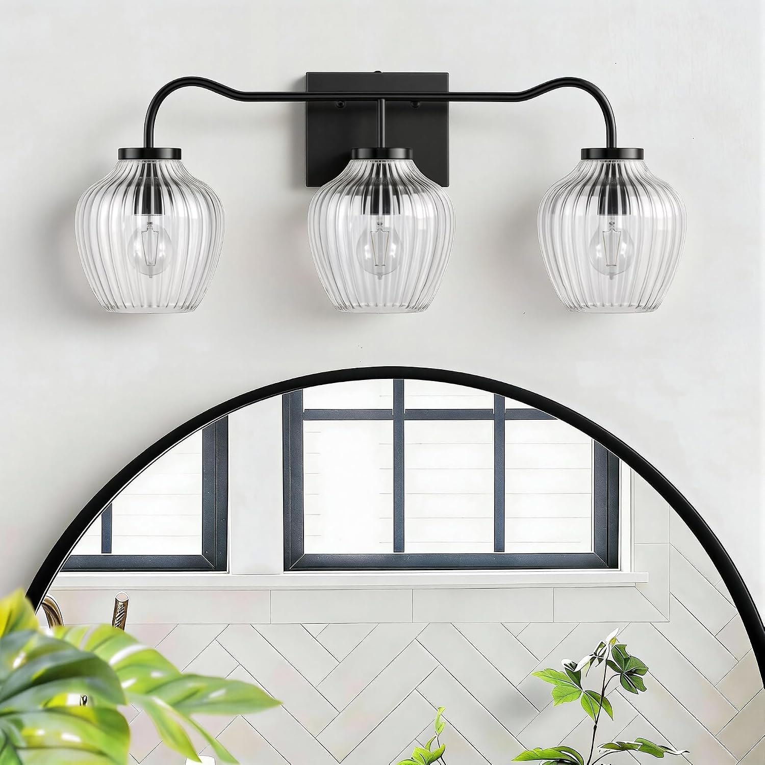 Maxax 3-Light Bathroom Vanity Light, 24" Black Wall Sconce with Ribbed Clear Glass Shade, Modern Farmhouse Over Mirror Lighting Fixtures, E26 Base, Dimmable