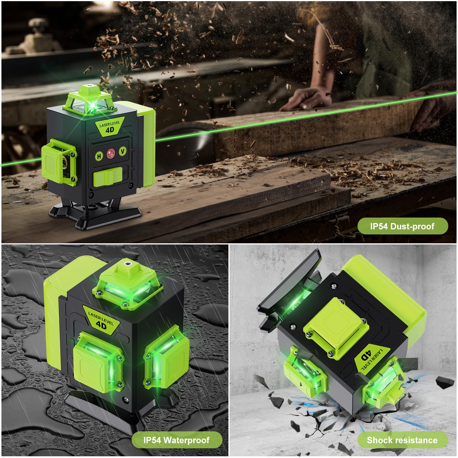 【avec Trépied】Niveau Laser 4 x 360°, 16 Lignes Vert Laser Chantier Professionnel pour la Construction et l'Accrochage de Photos, Autonivellement, Batterie Rechargeable