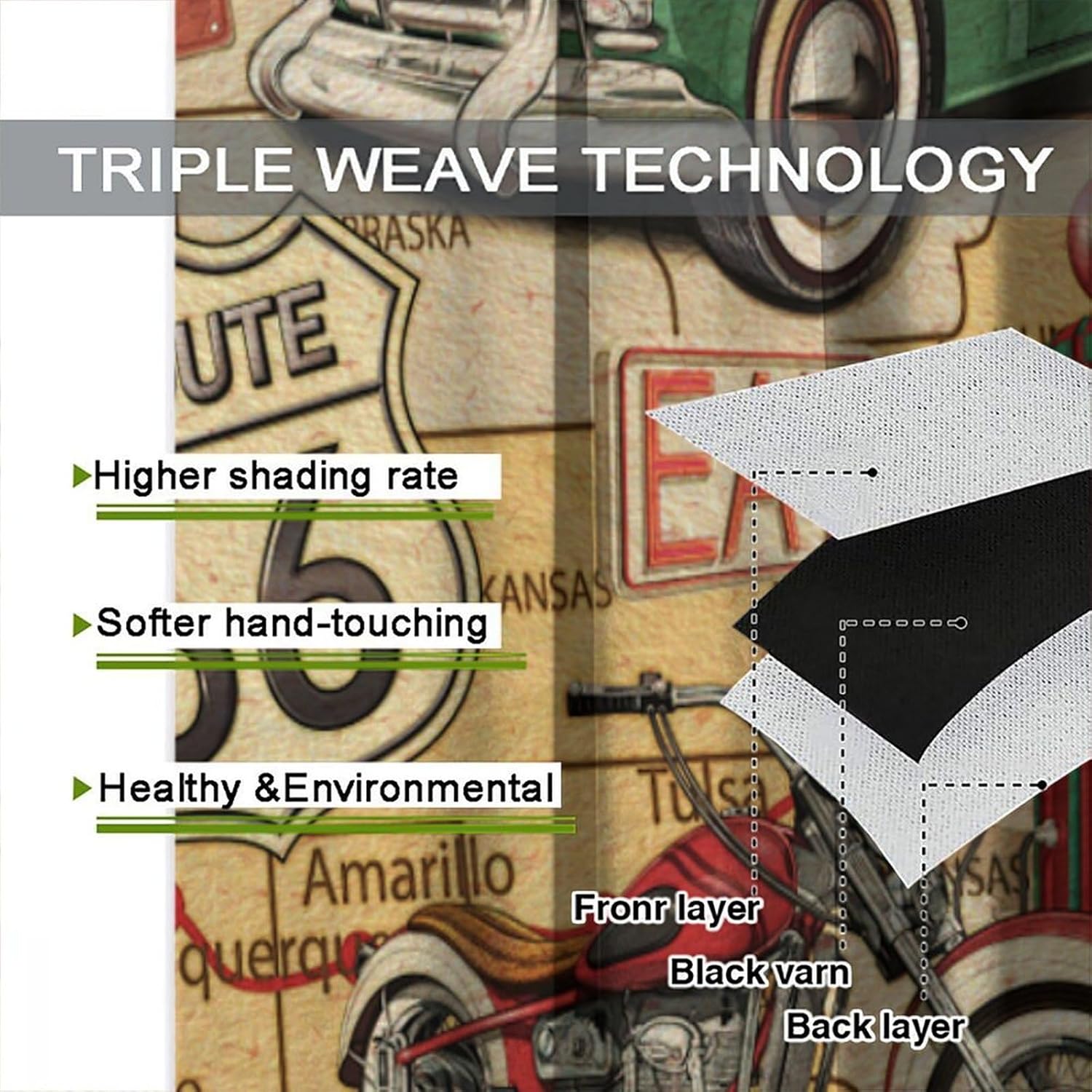 Vintage Car Blackout Curtains, Old Classic Car Theme American Retro Window Treatment for Bedroom Living Room Kitchen Café 55" W X 63" L