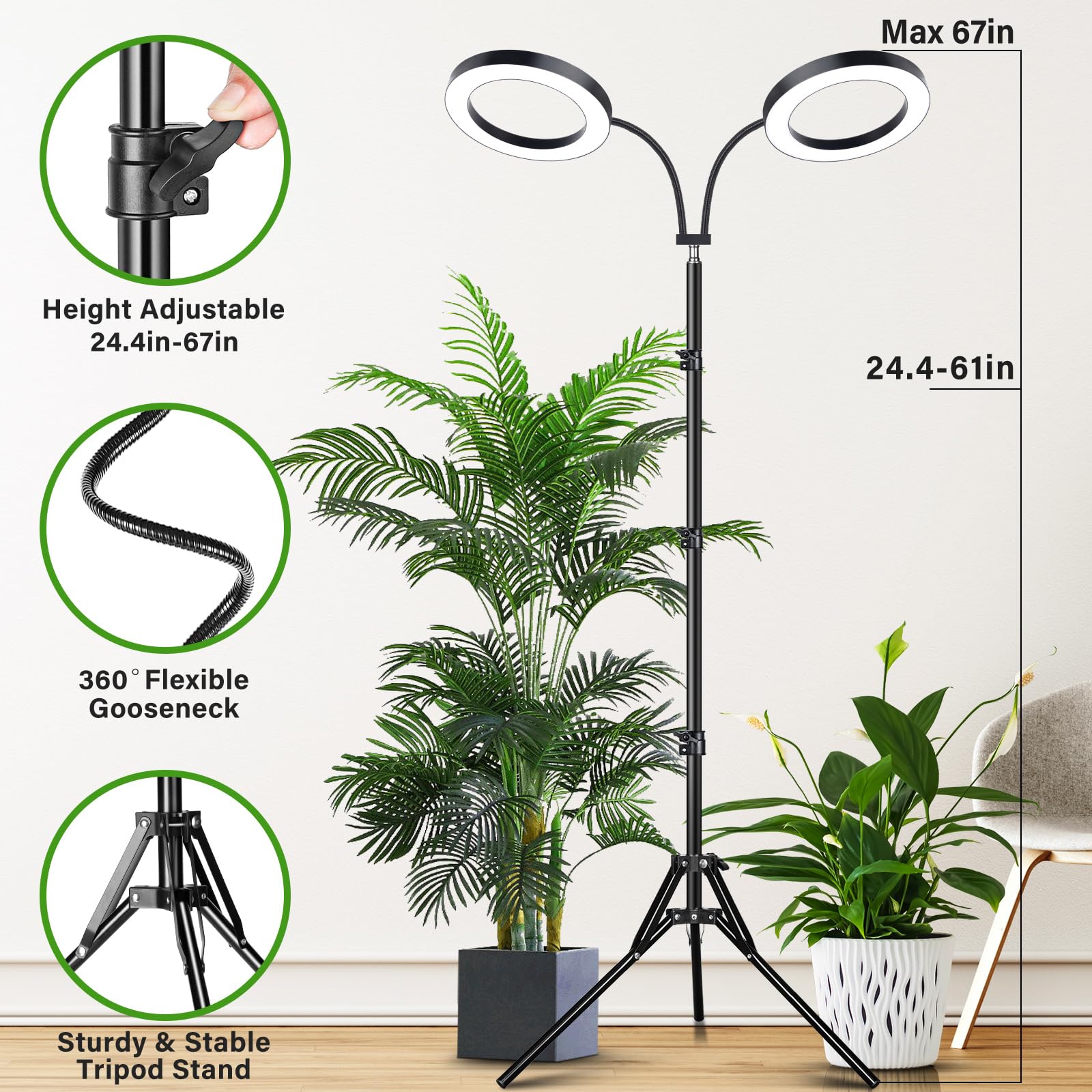 LORDEM Grow Light for Indoor Plants, 7.9" Diameter Dual-Head Plant Light for Plants Growing, Full Spectrum Growth Lamp with Auto Timer 3/6/12H, 4 Dimmable Levels, 3 Lighting Modes, Adjustable Stand