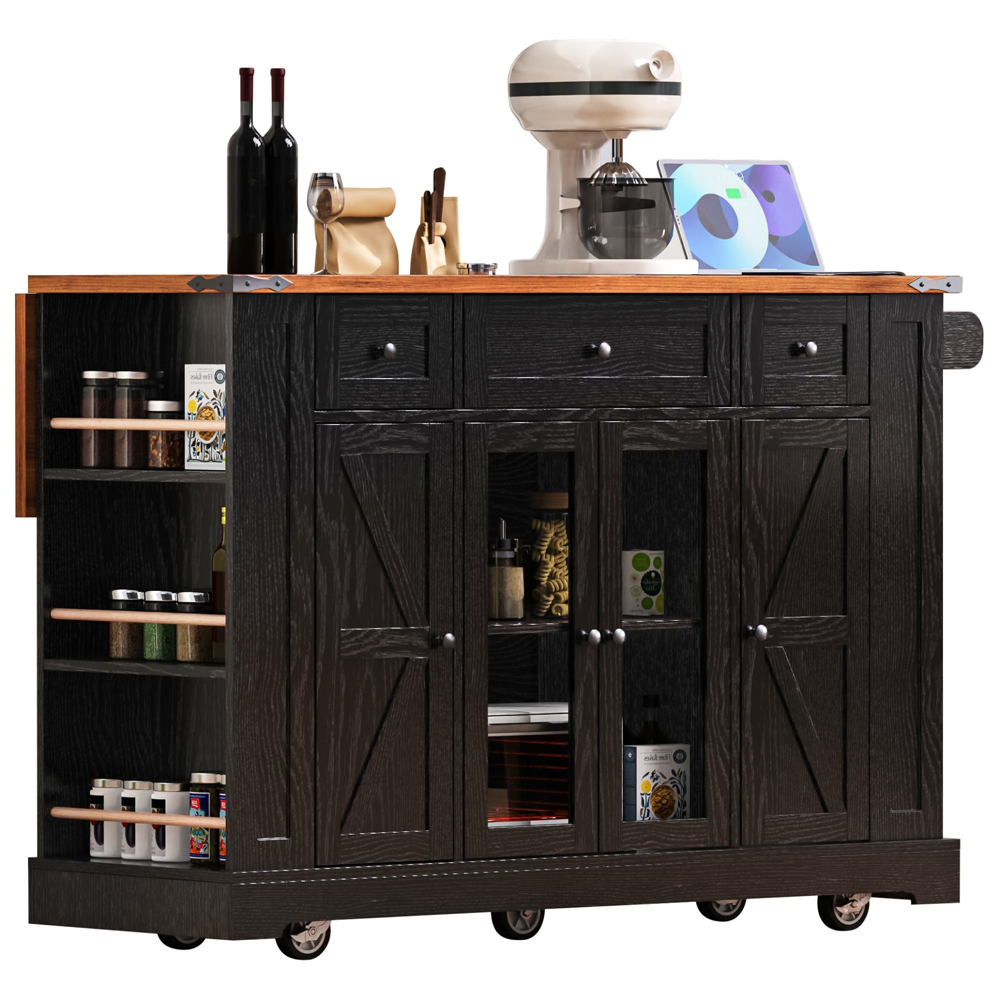 Amposei Farmhouse Drop Leaf Kitchen Island on Wheels with Power Outlet, Rolling Storage Island Cart with Drawers & Tempered Glass Door Cabinet, 53-
