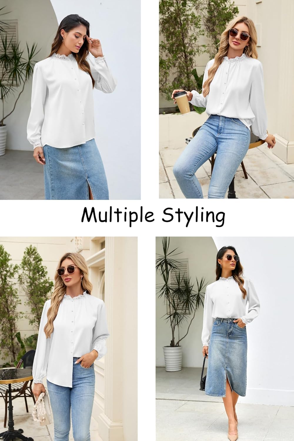 Neweek Satin Crinkle Blouses for Women Lace Collared Cuff Tops Silk Button Down Shirts Long Sleeve Business Loose Work Tops - Image 4