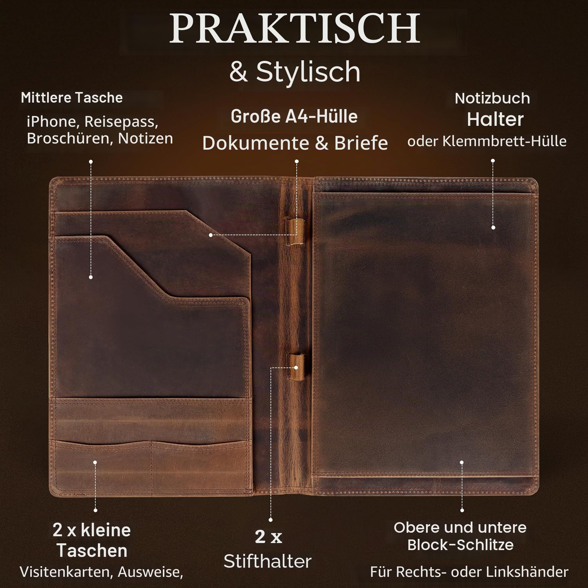 Wanderings Vintage Leder-Padfolio – 25,4 x 33 cm – Professioneller Organizer und Lebenslaufmappe, Antikleder-Dokumentenmappe mit Schreibblock Ideales für Männer und Frauen