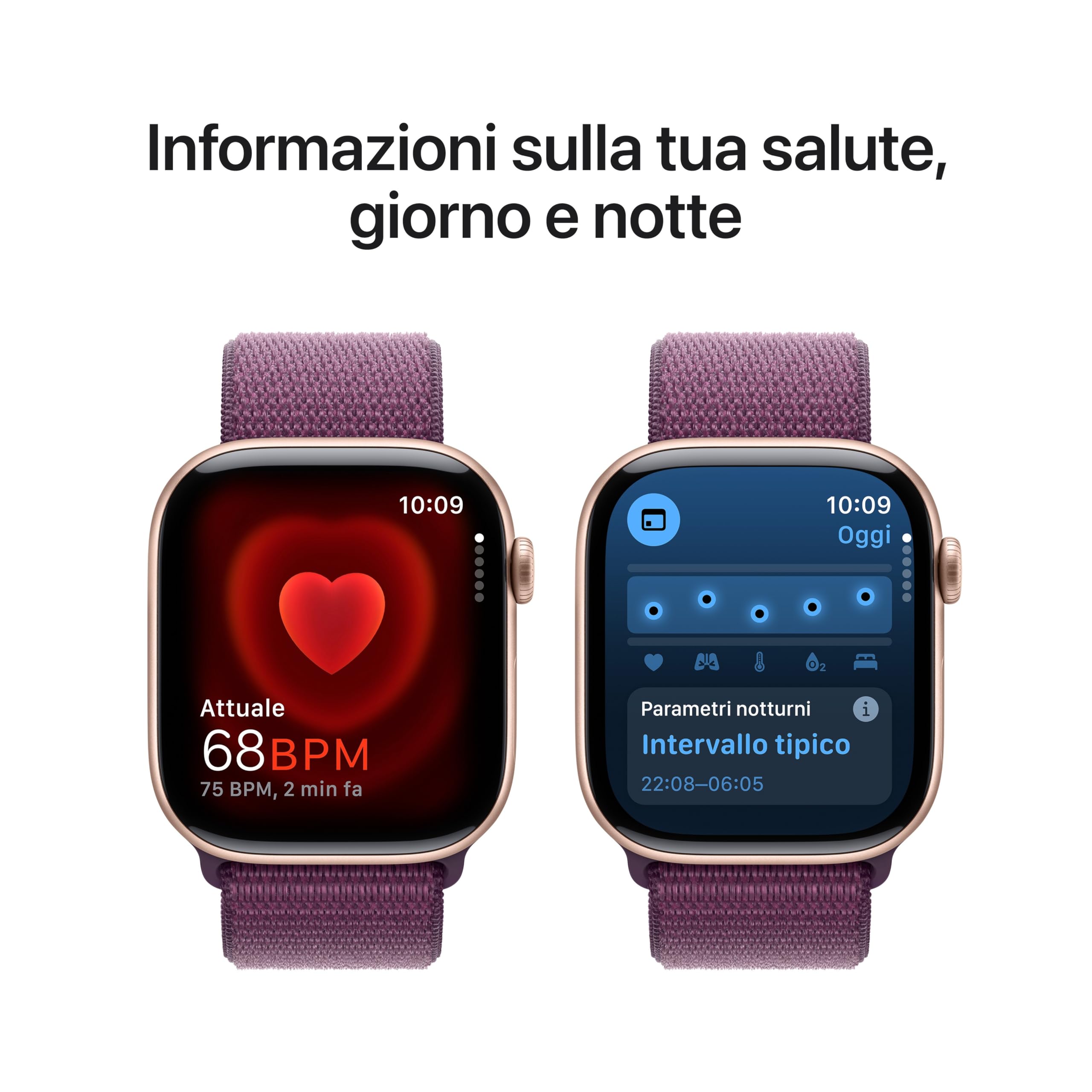 Apple Watch Series 10 GPS 46 mm Smartwatch con cassa in alluminio Oro rosa e Sport Loop Prugna - One Size. Fitness tracker, app ECG, display Retina always-on, resistente all’acqua