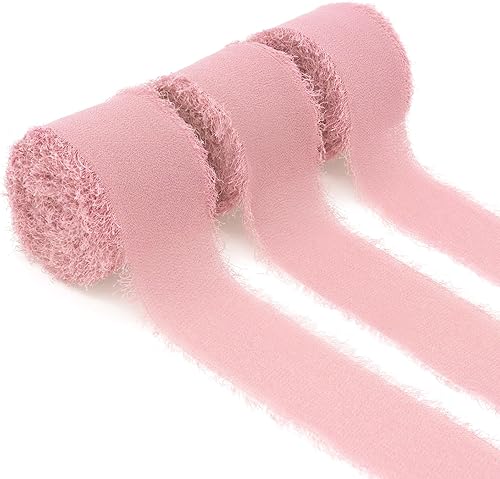 Juego de 3 rollos de cinta de gasa con borlas de 1.5 pulgadas x 7 yardas, cinta sedosa deshilachada para invitaciones de boda, ramos, envoltura de