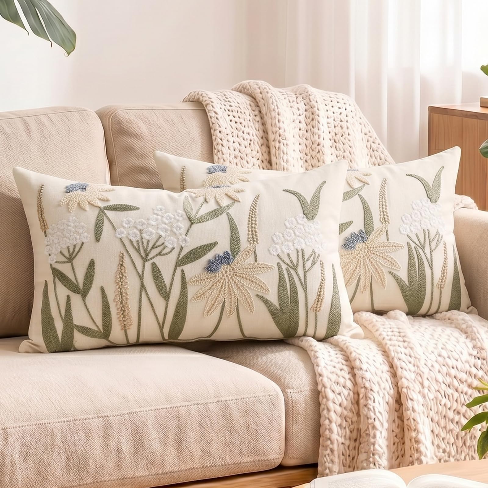 HOSTECCO Autumn Floral Embroidered Cushion Covers 30x50cm Pack of 2, Modern Farmhouse Textured Botanical Lumbar Throw Pillow Cases, Cottagecore Green Leaf Flower Scatter Cushions for Living Room
