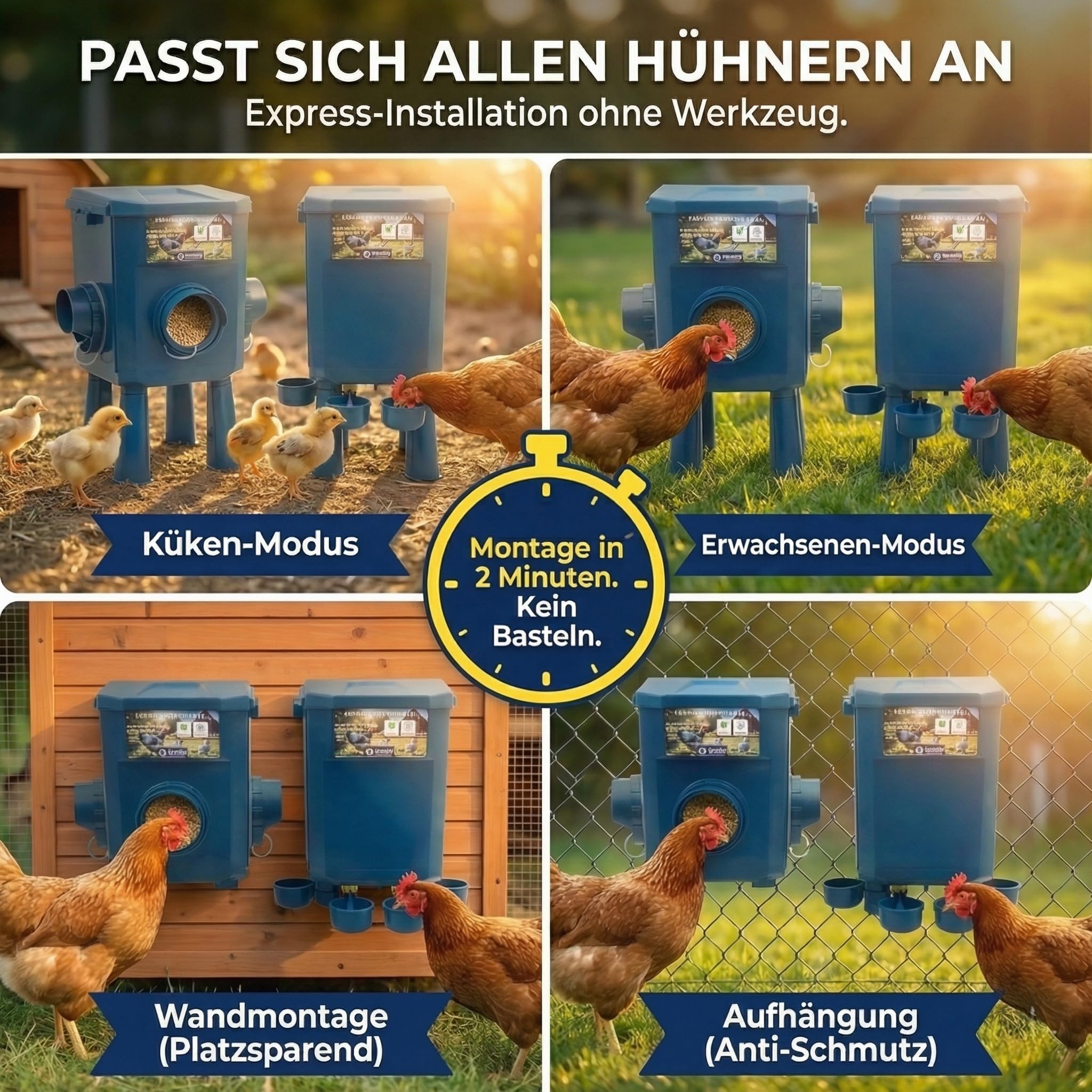 Kit Hühner-Futterautomat & Tränke 12KG/11L – Schädlingssicher, Automatikventil, Anti-Cyanobakterien, Ideal für Mikro-Farmen & Hobbybetriebe, Lange Autonomie, Weniger Nachfüllungen, Robuste