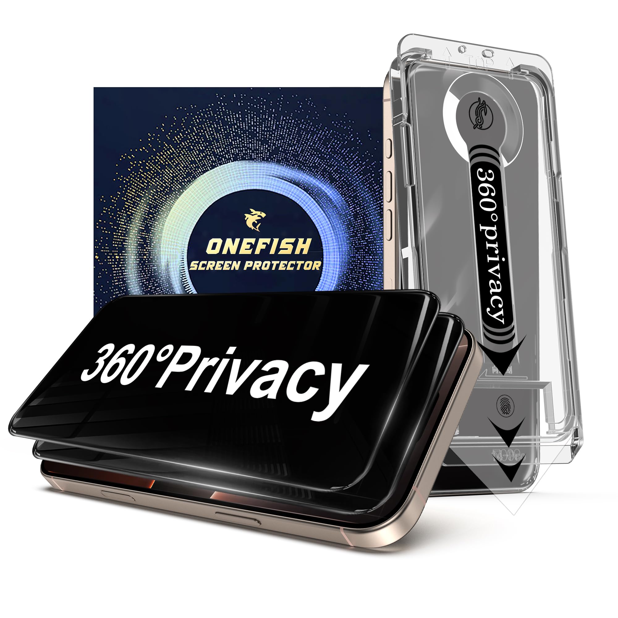 OneFish for iPhone 15 Plus / 16 Plus Privacy Screen Protector - 360°Anti Spy Case Friendly Easy Installation Auto-Dust Removal Bubble Free, Anti Fingerprint,Scratch Resistant 2 Pack