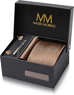 Massi Morino Men's Tie Set with Pocket Square, Cufflinks, Clip and Gift Box for Wedding