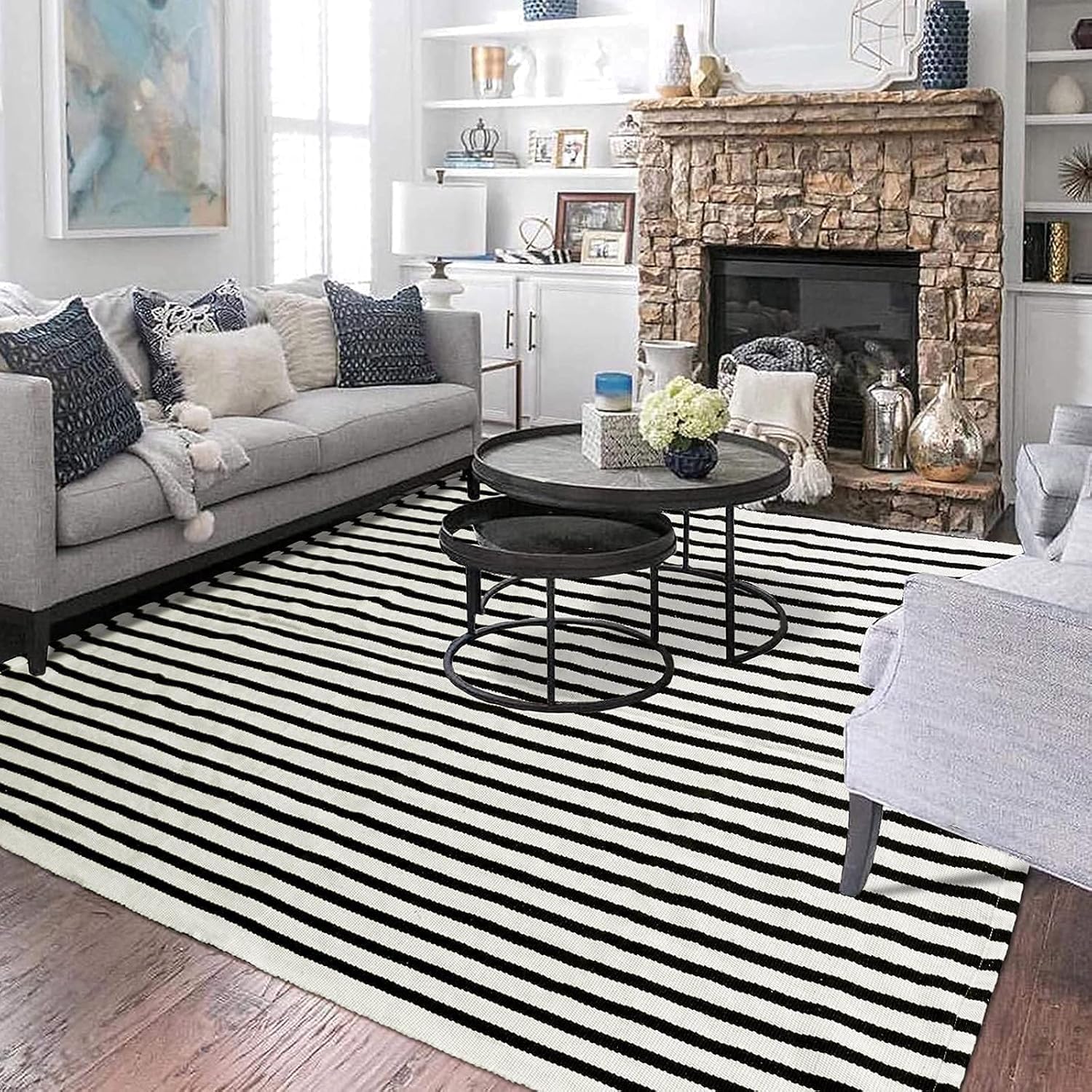 Inicio Alfombra lavable en blanco y negro Alfombras clásicas de tela de algodón a rayas bohemias para porche, felpudo para puerta, salón, dormitorio, entrada, cocina, lavadero, 90 x 150 cm