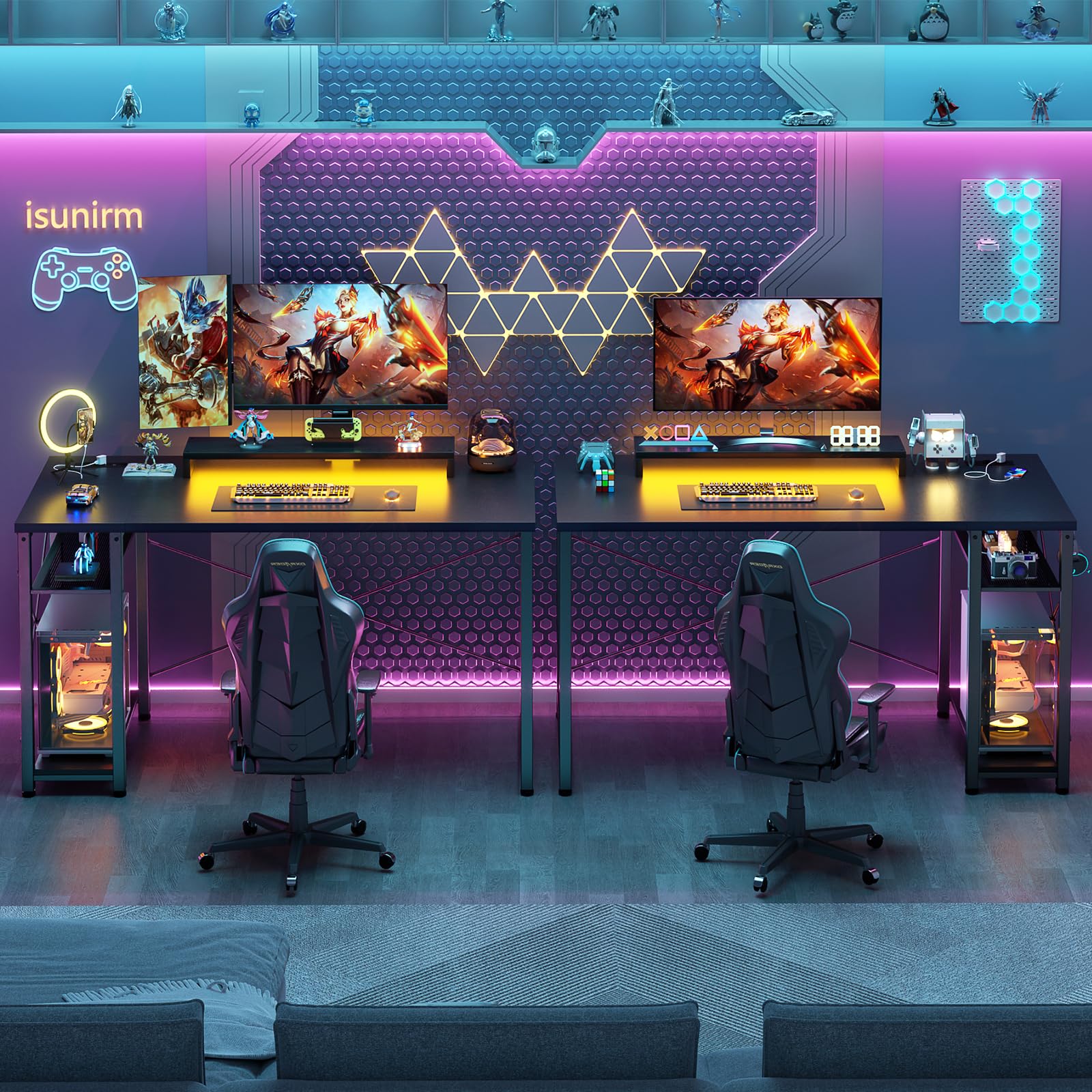 iSunirm Scrivania Gaming con Supporto per Monitor e Ripiano di Stoccaggio,Scrivania Computer con 2 Prese e 2 Porte USB,Scrivanie Moderne per Ufficio e Studio,100x50x75cm,Nero