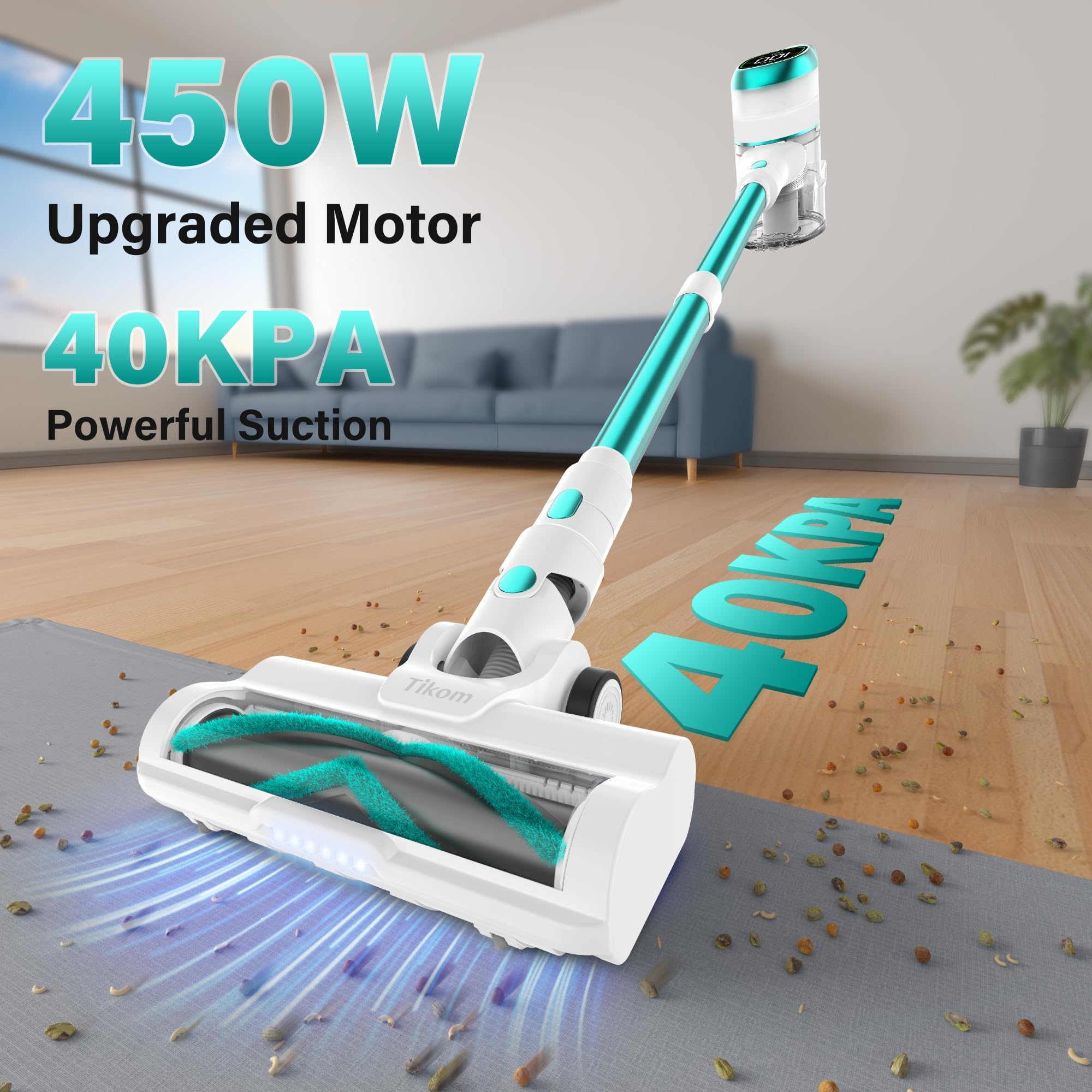 Tikom V500 Cordless Vacuum Cleaner for Home, 40000Pa/450W Stick Vacuum with LED Touch Screen, Charging Wall Dock, Anti-Tangle view 2