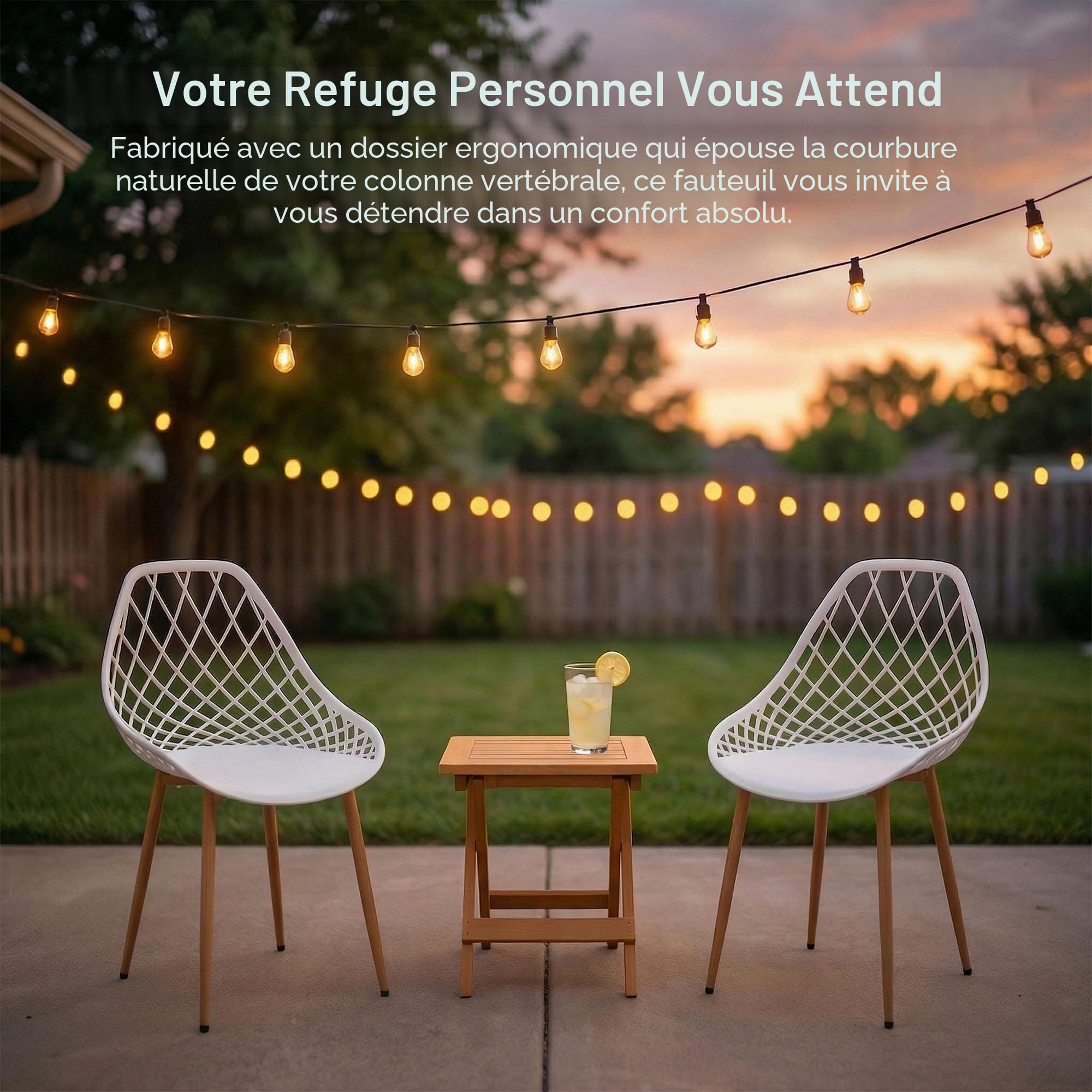 Lot de 4 chaises de bistrot avec Assise en polypropylène et Cadre en métal pour Balcon, pelouse et Bord de Piscine, Blanc