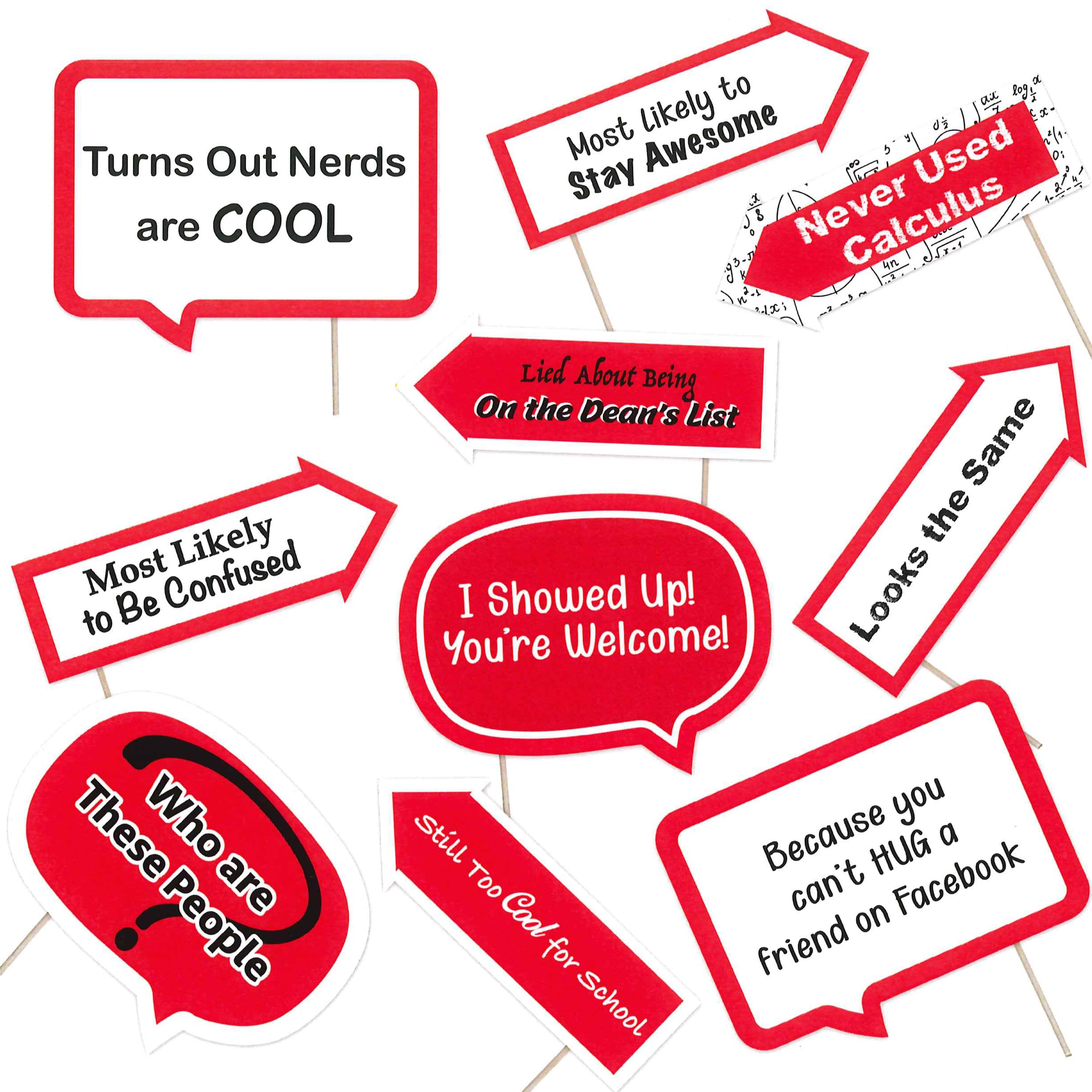 High School Class Reunion Photo Booth Props - School Class Reunion Party Decorations - Funny Class Reunion Photo Props - 10pcs (Red)