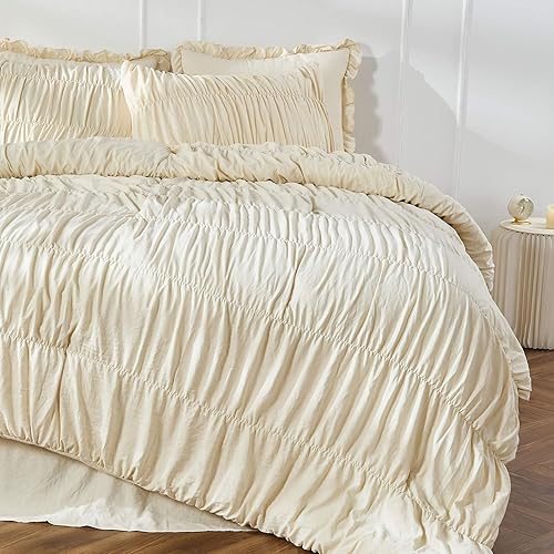 Ruched Beige Queen Comforter Set, Breathable Cotton Boho Comforter Set,
