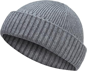 Wool Short Fisherman Beanie for Men Women Double Cuffed Skull Caps