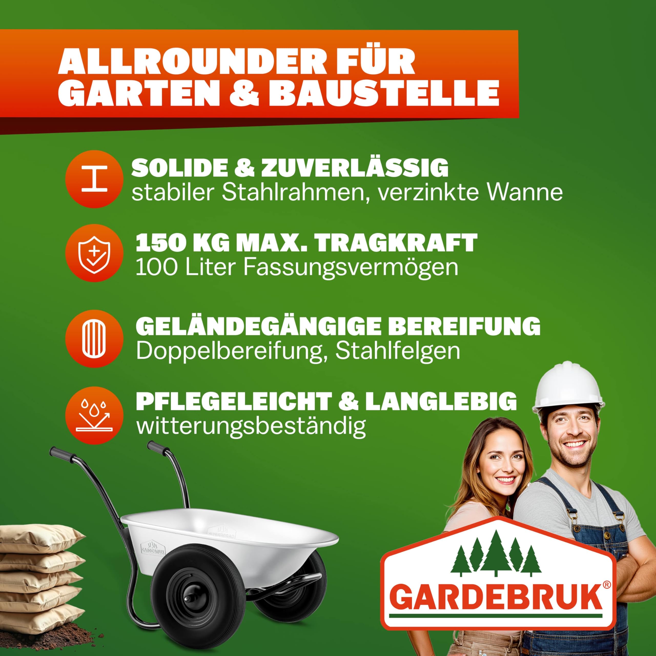GARDEBRUK Schubkarre 2 Rad 150kg 100L Stahlfelge 2 Luftreifen Autoventil Gleitlager