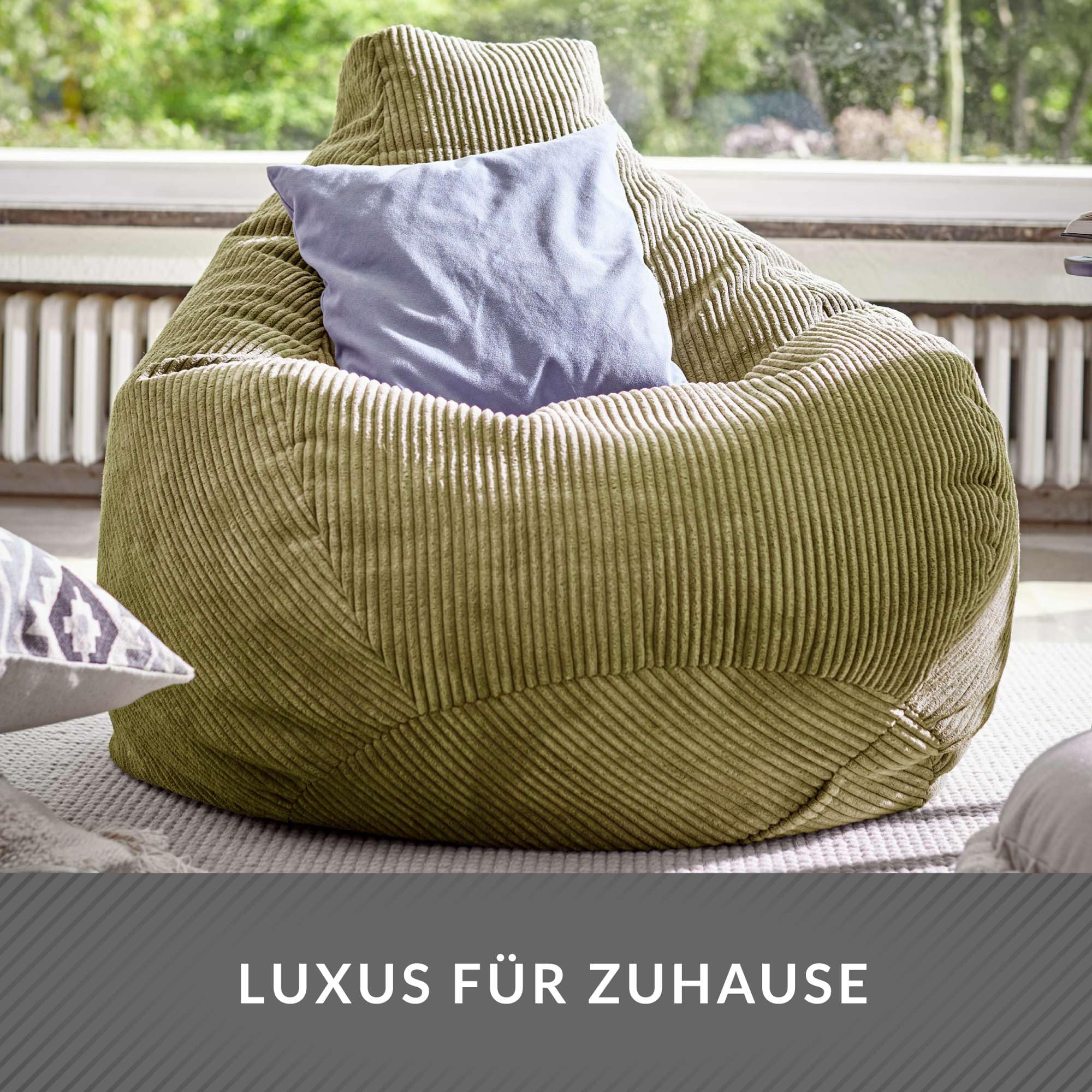 Green Bean© Pouf avec Dossier 80x80x90cm - Gaming Chair avec Remplissage 230L Tissu Velours côtelé - Bean Bag Coussin de Sol Lounge Pouf Fauteuil Relax Gamer Chaise Vert