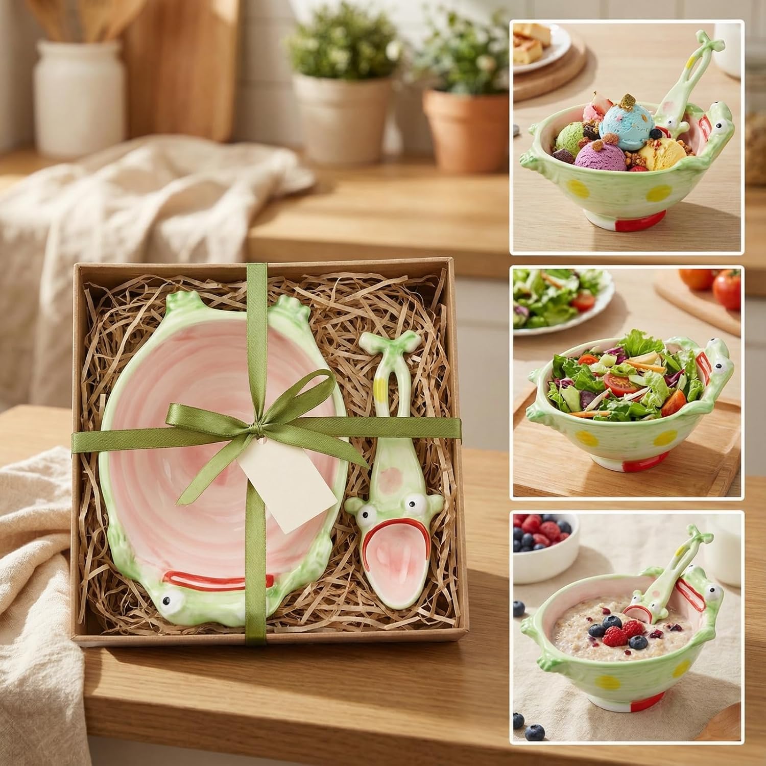 Funny Frog Bowl With Frog Spoon Set (GRN) | Hand-Painted Ceramic Funny Soup Bowl with Leaping Frog Spoon for Cute Candy Jar & Kitchen Decor Gift