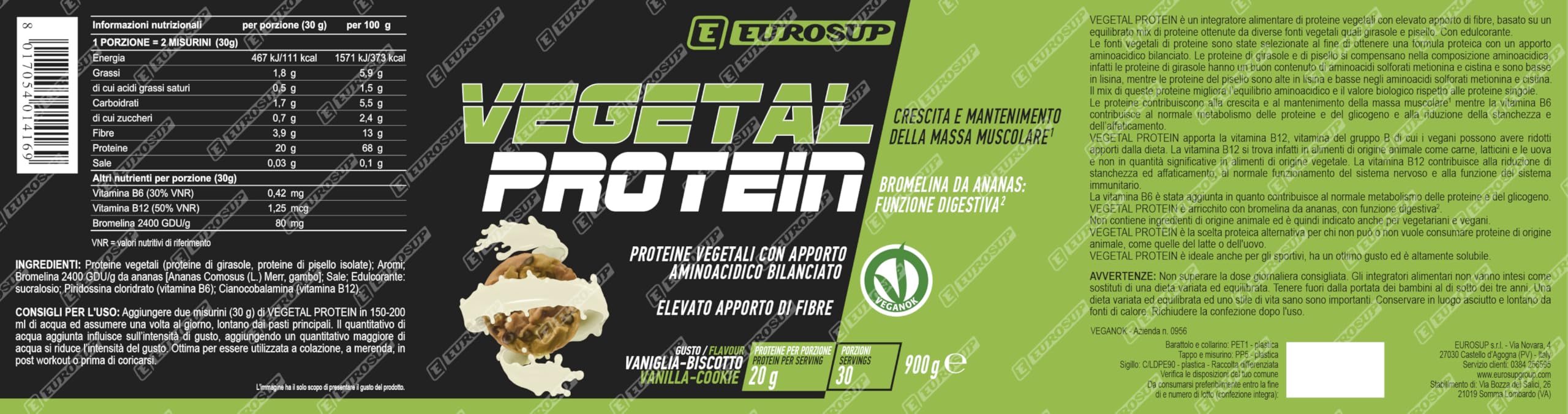EUROSUP VEGETAL PROTEIN – Proteine Vegetali Pisello e Girasole | Con Bromelina, Fibre, Vitamine B6 e B12 | Supporto Massa Muscolare | Ottima Solubilità e Gusto | VeganOK | 900g - Vaniglia-Biscotto